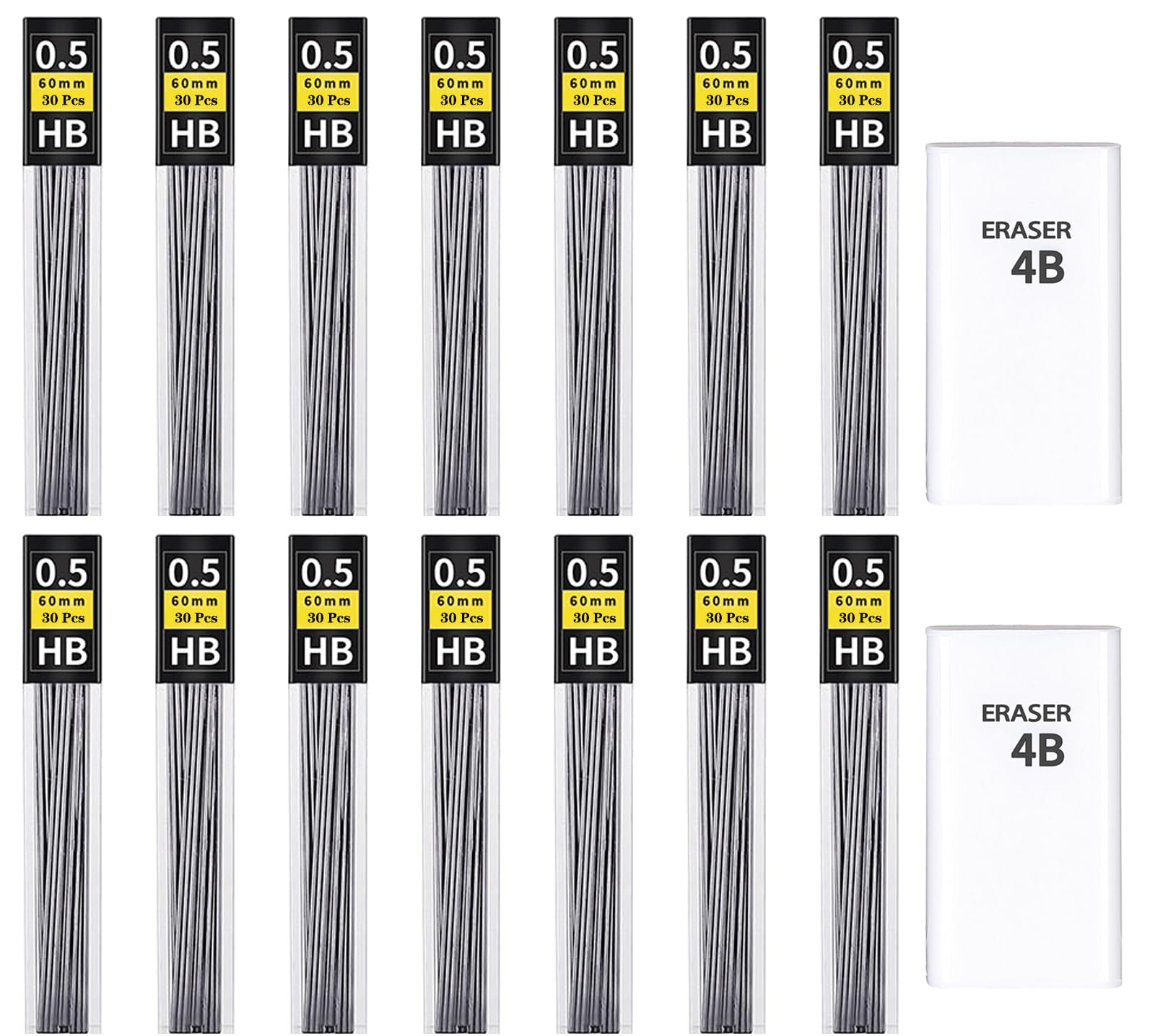 KMEIVOL Minas de lápiz de 0,5 mm, 450 unidades de minas HB de 0,5 mm a prueba de roturas para portaminas y 2 goma de borrar, escribir con fluidez y claridad