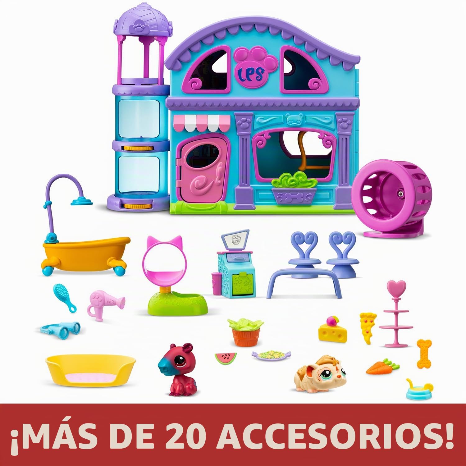 Bandai – Littlest Pet Shop – La Grande Maison Des Pet Shop – Estuche de Juego con 2 Pet Shop Incluido y 20 Accesorios – Mini-Figurinas para Animales coleccionables – Juguete Infantil de 4 años y + –
