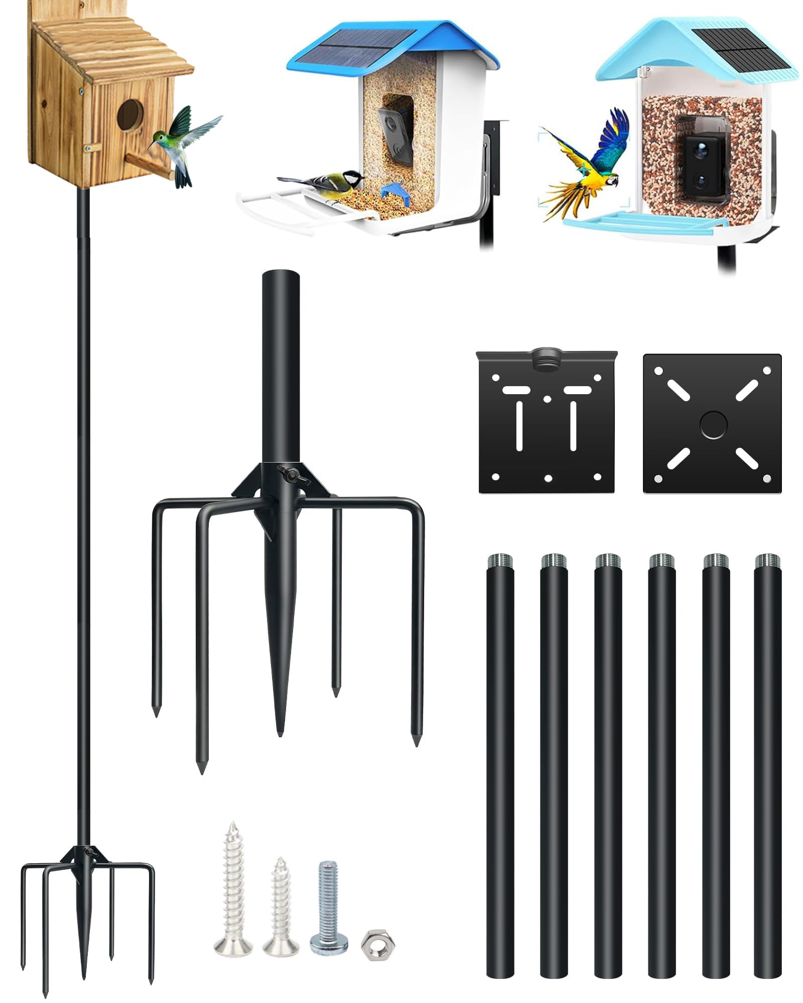 QwayHome 80In Adjustable Bird House Poles, 1Inch Dia Poles, Outdoor Bird Feeder Pole Mount Kit for Smart Bird Feeder & Wooden Birdhouse & Weather Station, Heavy Duty, with 5-Prong Base