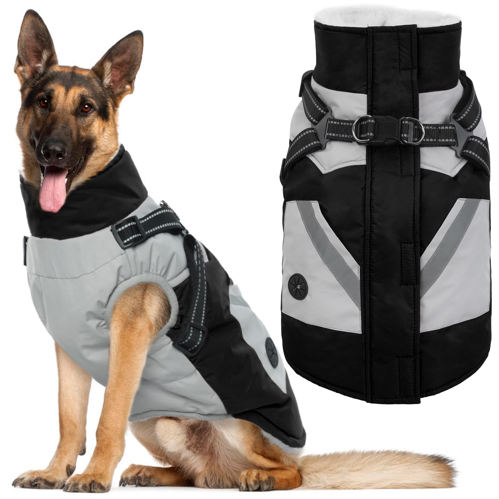 IECOii Chaqueta para perro con arnés de invierno integrado, negro, XXXL, abrigo para perro con cremallera, ropa de invierno para perros grandes, impermeable, traje de nieve para perros, chaqueta de