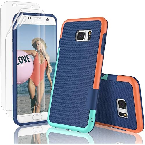Jeylly Case for Galaxy S7 Edge Case,with 2 Pack HD Soft Screen Protector, Contrasting Colors Ultra Slim One-Piece Anti-Slip Rugged Soft TPU Bumper Shockproof Case Cover for Galaxy S7 Edge - Blue
