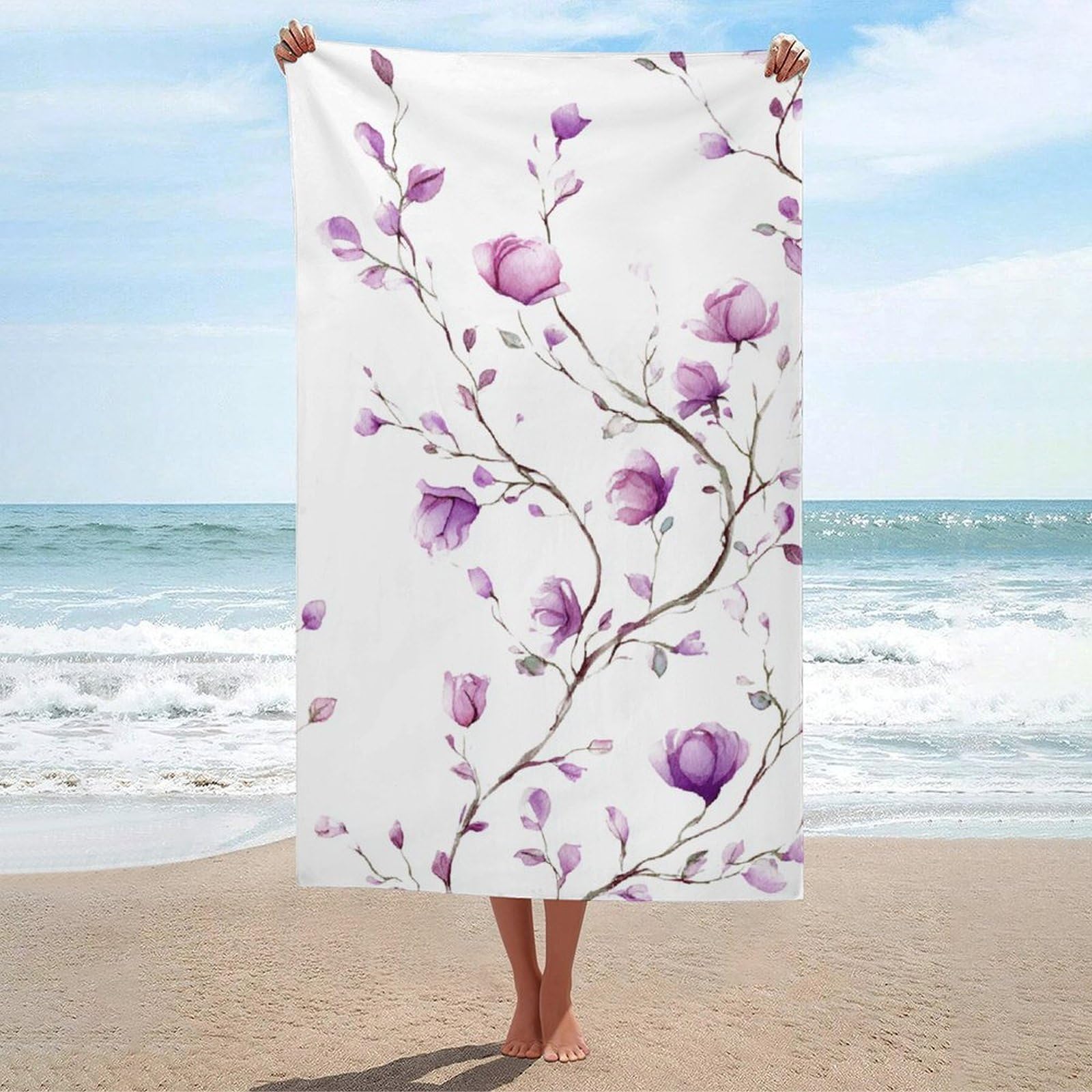 asbwuo Watercolor Branch with Rose Pale Purple Beach Towel