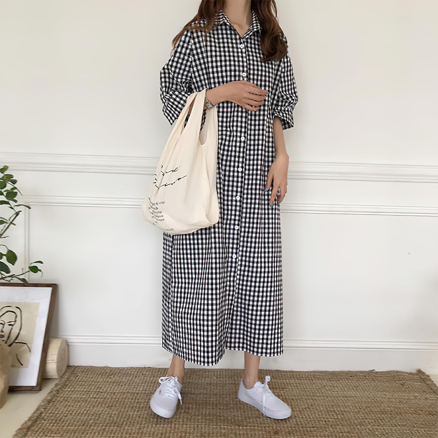 chouyatou Women's Summer Casual Short Sleeve Cotton Gingham Dress Plaid Midi Long Shirt Dress
