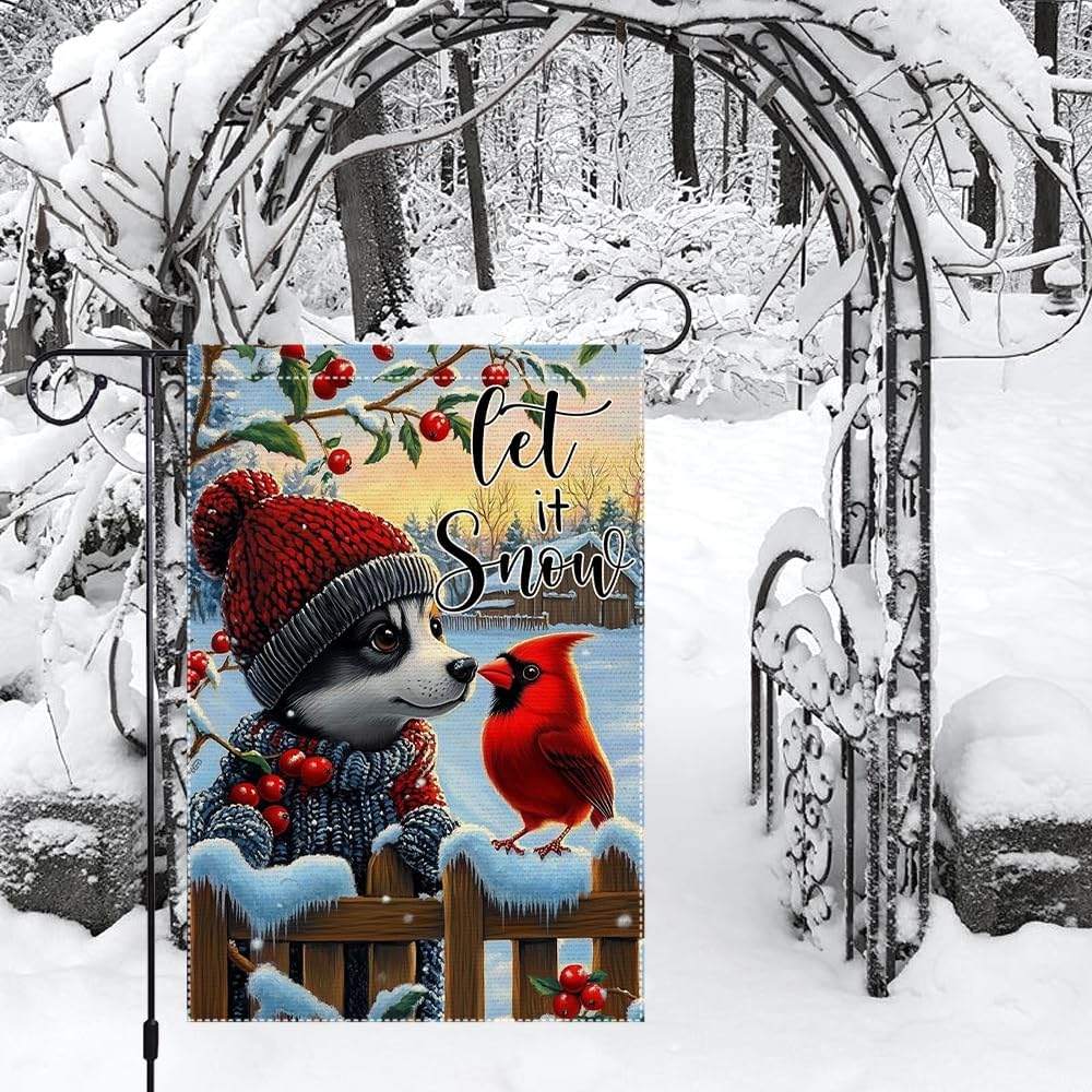 Let It Snow Garden Flag 12x18 Inch Winter Dog Cardinal Holiday Outdoor Yard Flag Double Sided Burlap Small Seasonal Welcome Sign for Porch Lawn Christmas Decor - Image 2