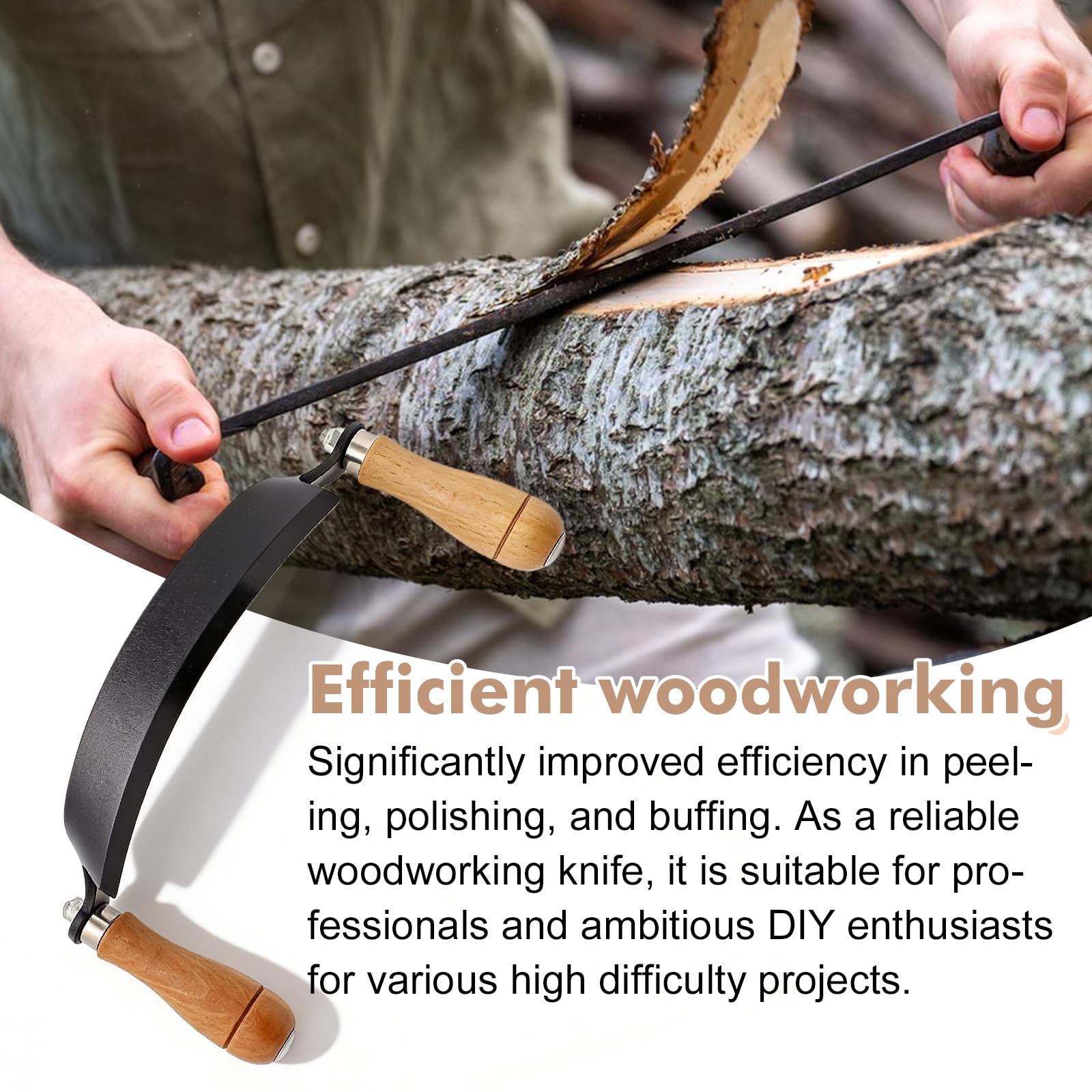 GOMETY Couteau à Écorcer 250mm pour Bois, Couteau de Tirage Courbé avec Poignées en Bois, Incurvé Lame en Acier Durable pour Menuiserie, Charpente et Bûcheronnage