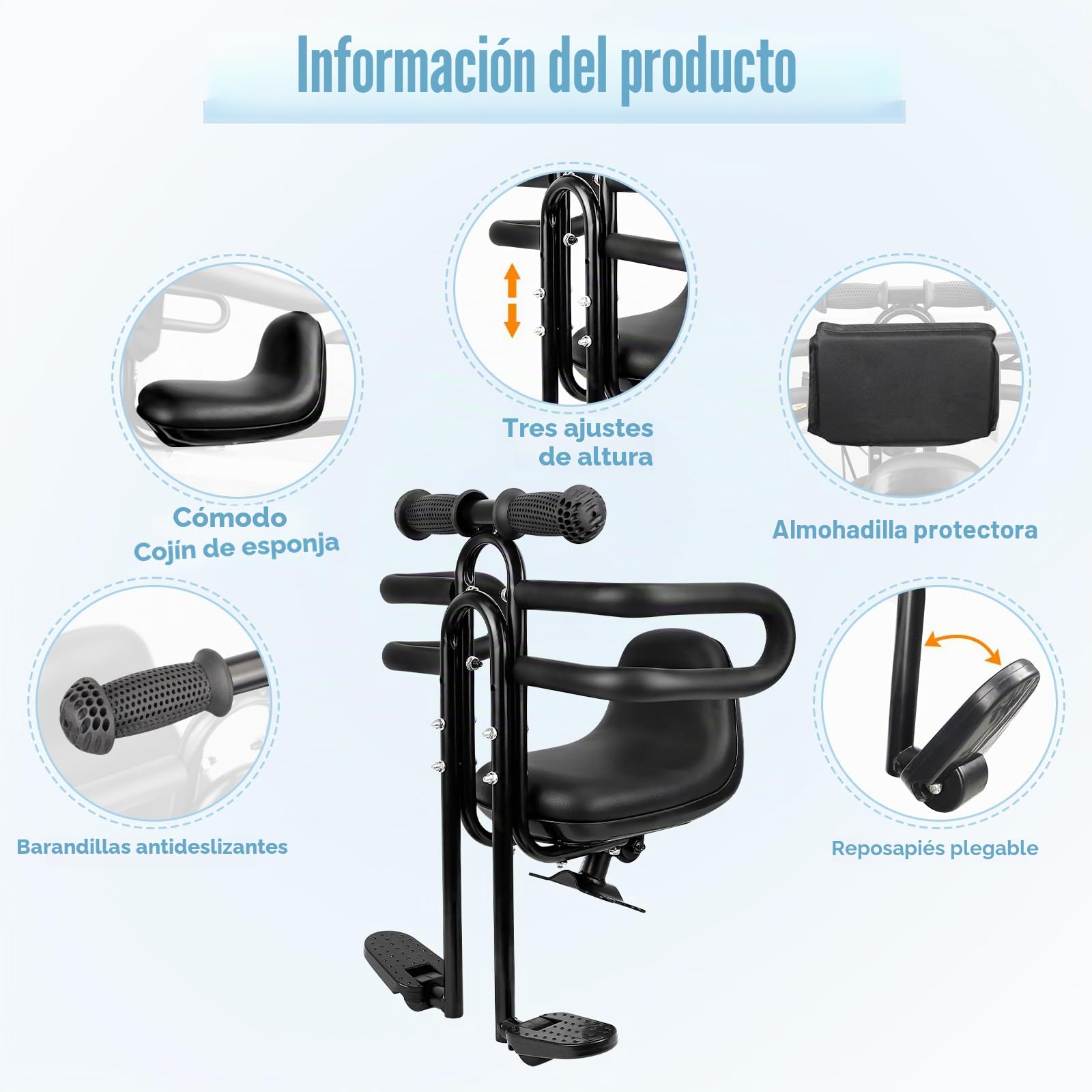 ZUKKA Asiento de bicicleta infantil – Soporte delantero, asiento delantero de bicicleta para niños con mango de barandilla, asiento de bicicleta para niños para bicicleta de adultos, asiento de