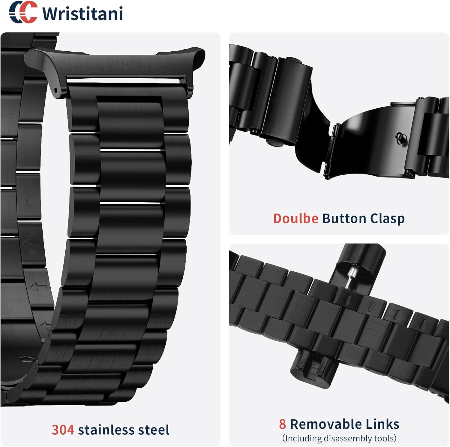 Wristitani Metal Band Compatible with Samsung Galaxy Watch Bands Ultra/7/6/5/4 40mm 44mm 47mm, Solid Metal Stainless Steel Strap For Men Women Present, Black Silver