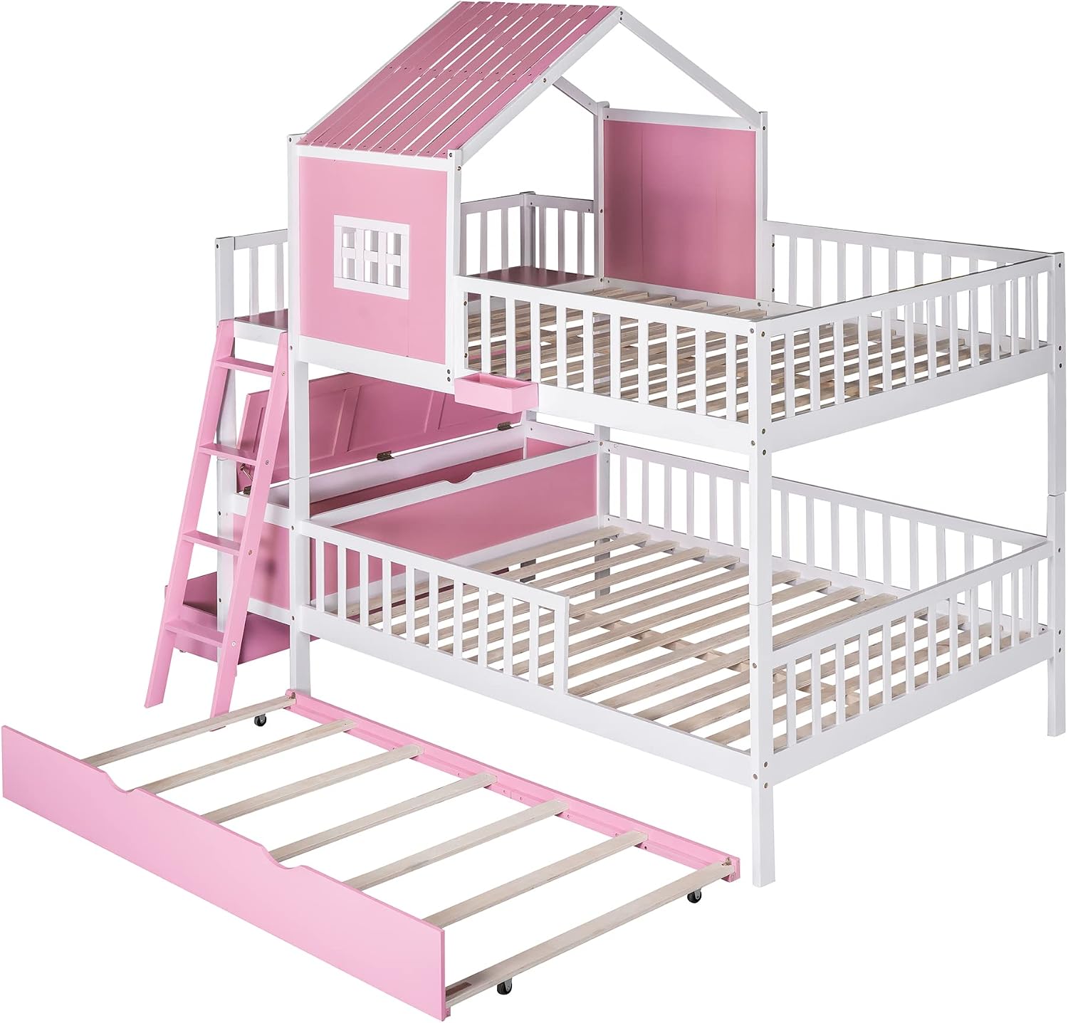 Bellemave House Bunk Bed Full Over Full Beds with Trundle and A Storage Box Drawer Wood Playhouse Bunked Frame for Kids Boys Girls Teen, Pink White