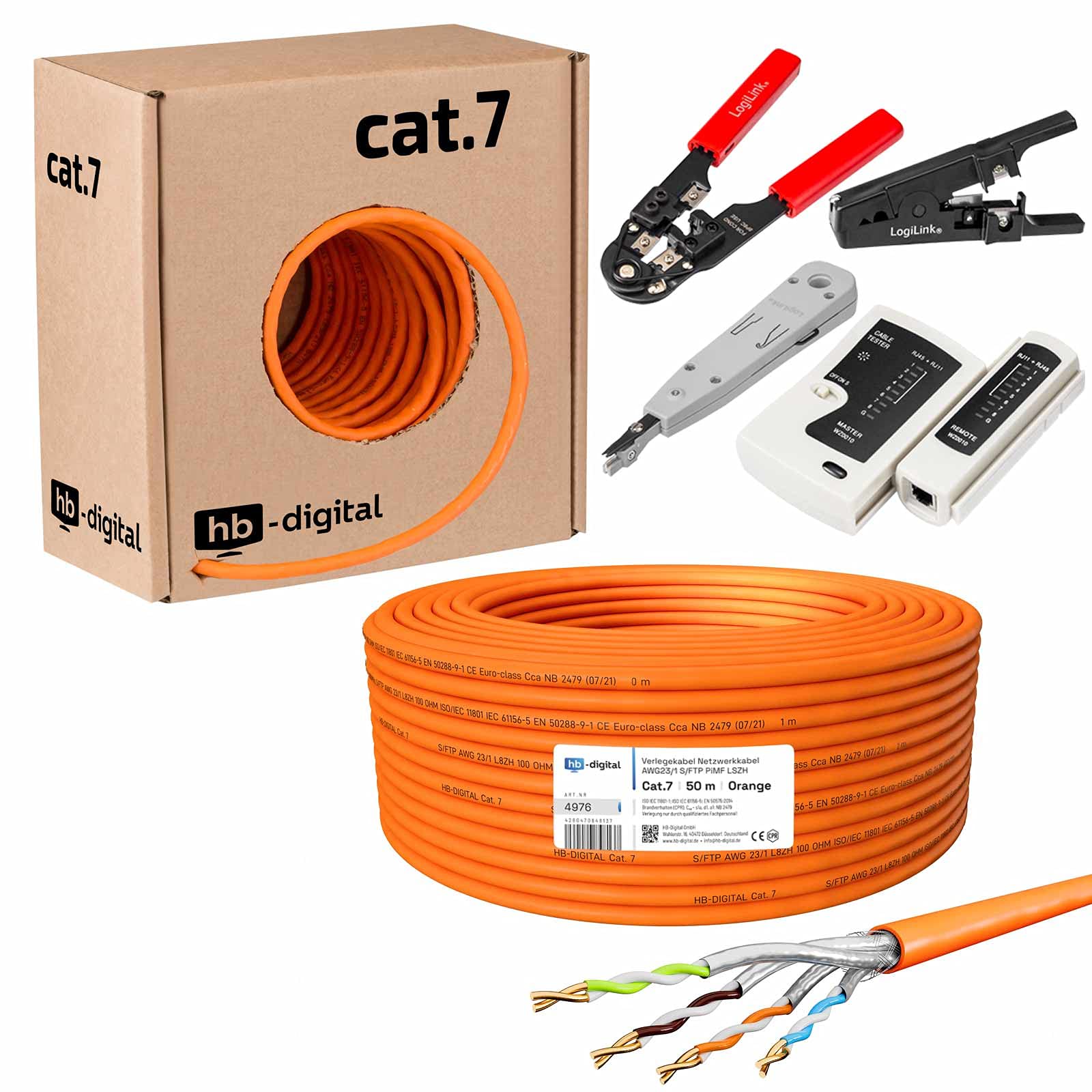 HB-DIGITAL SET 50m CAT.7 Netzwerkkabel LAN Verlegekabel AWG 23 Reines Kupfer S/FTP PiMF LSZH Halogenfrei RoHS-Compliant GHMT-zertifiziert Ethernet PoE 10Gbit/s 1000MHz Orange + 1x Werkzeugset