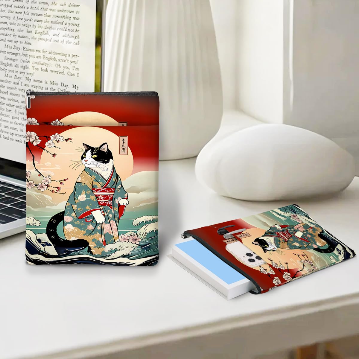 Japanese Kimono Cat Ocean Book Sleeve, Book Lovers Gifts Sleeve with Zipper & Front Pocket, 11.5x8.8 Inch Canvas Books Cover Protector Bookish Cat Lover Gifts for Readers Women Friend Birthday Gift — view 3