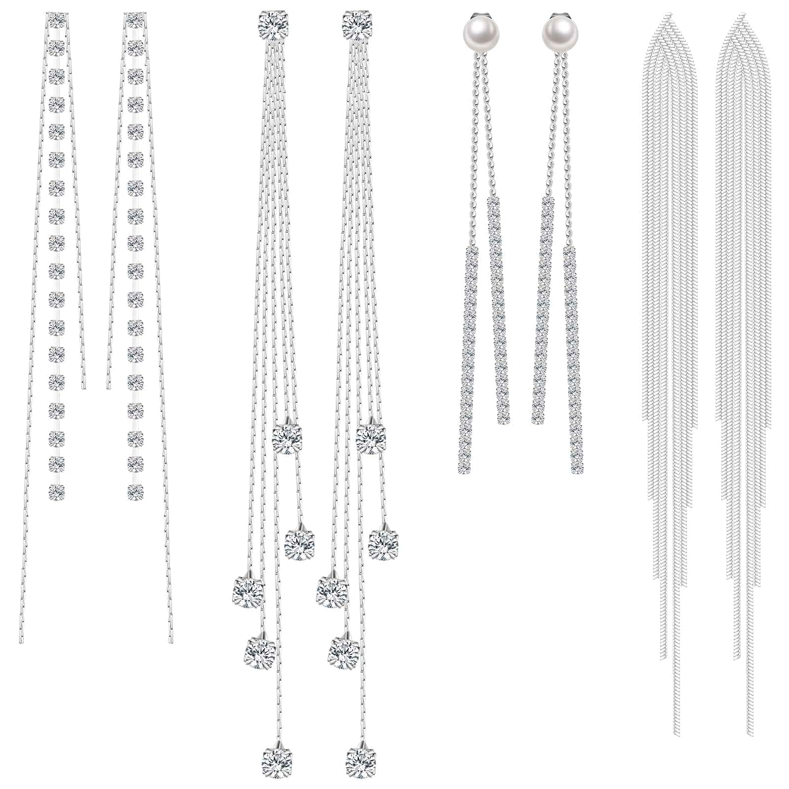 Bonuci 4 Pairs Long Tassel Dangle Drop Earrings Women Metal Chain Long Earrings for Women Tassel Earrings Fake Crystal Pearl Ear Rhinestone Wedding Formal Jewelry