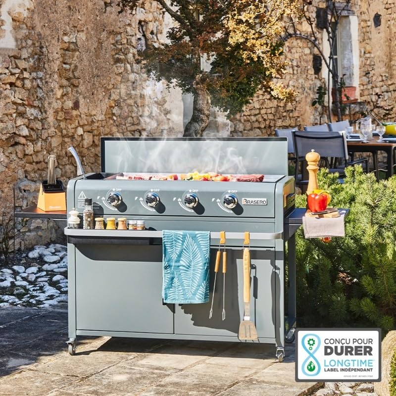 BRASERO - Plancha Lola à gaz sur chariot équipé Gun Metal - 4 brûleurs à gaz - jusqu'à 14 convives - Surface de cuisson 88 x 35,5 cm - 9,6 kW - Récupérateur de graisse