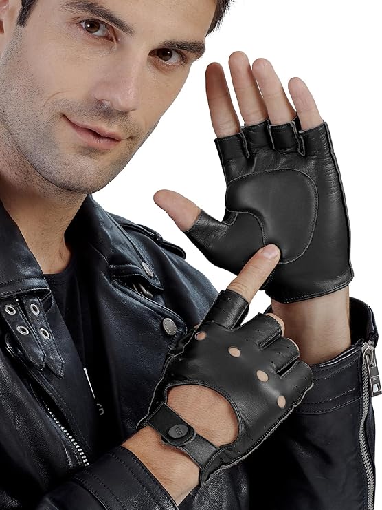 GSG Men Fingerless Gloves Driving Leather Cycling Half Finger Motorcycle Unlined Gloves for Cycling