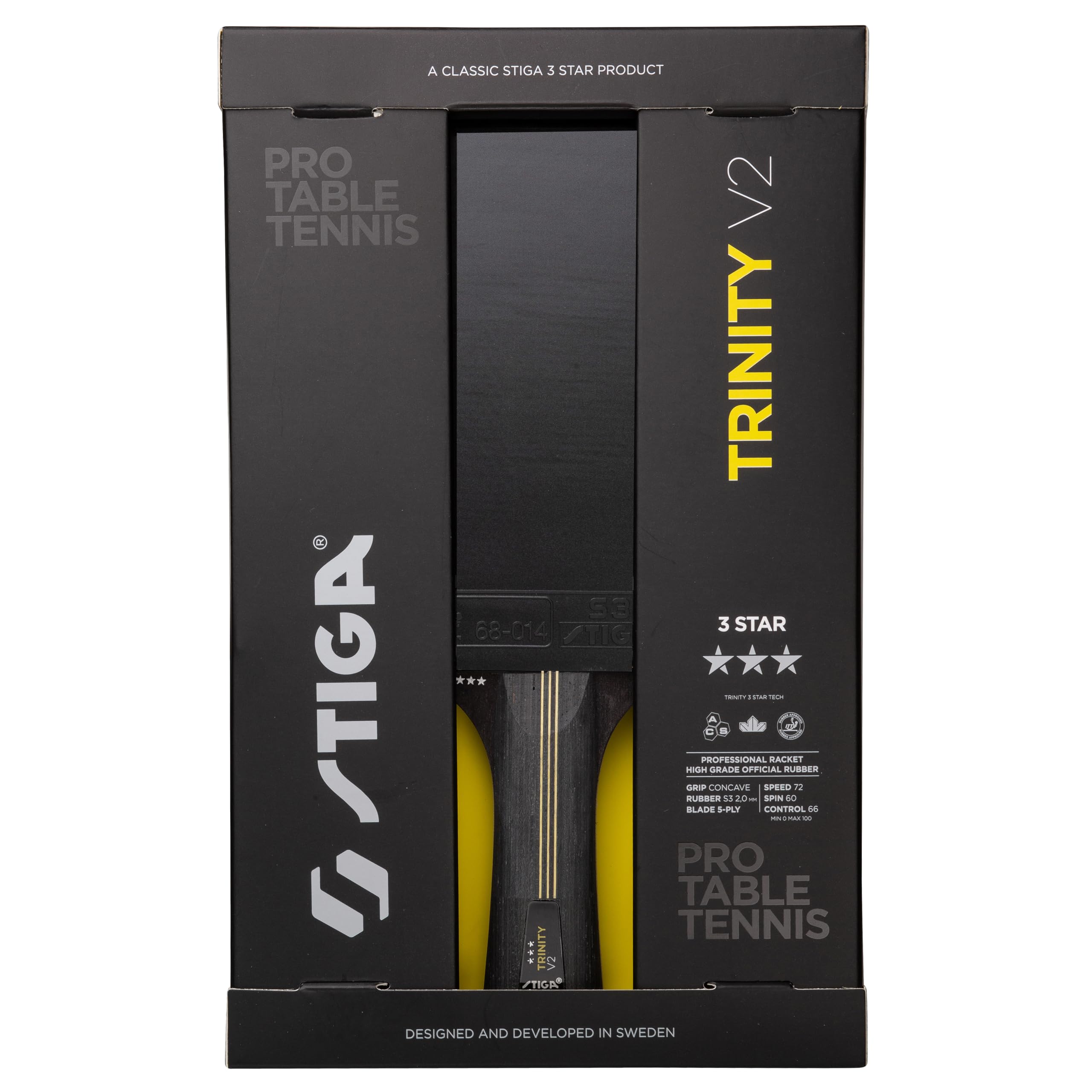 STIGA Trinity V2 Pala de Tenis de Mesa, Madera de 3 Estrellas, Goma aprobada por la ITTF, Mango Ergonómico, para Jugadores Ofensivos