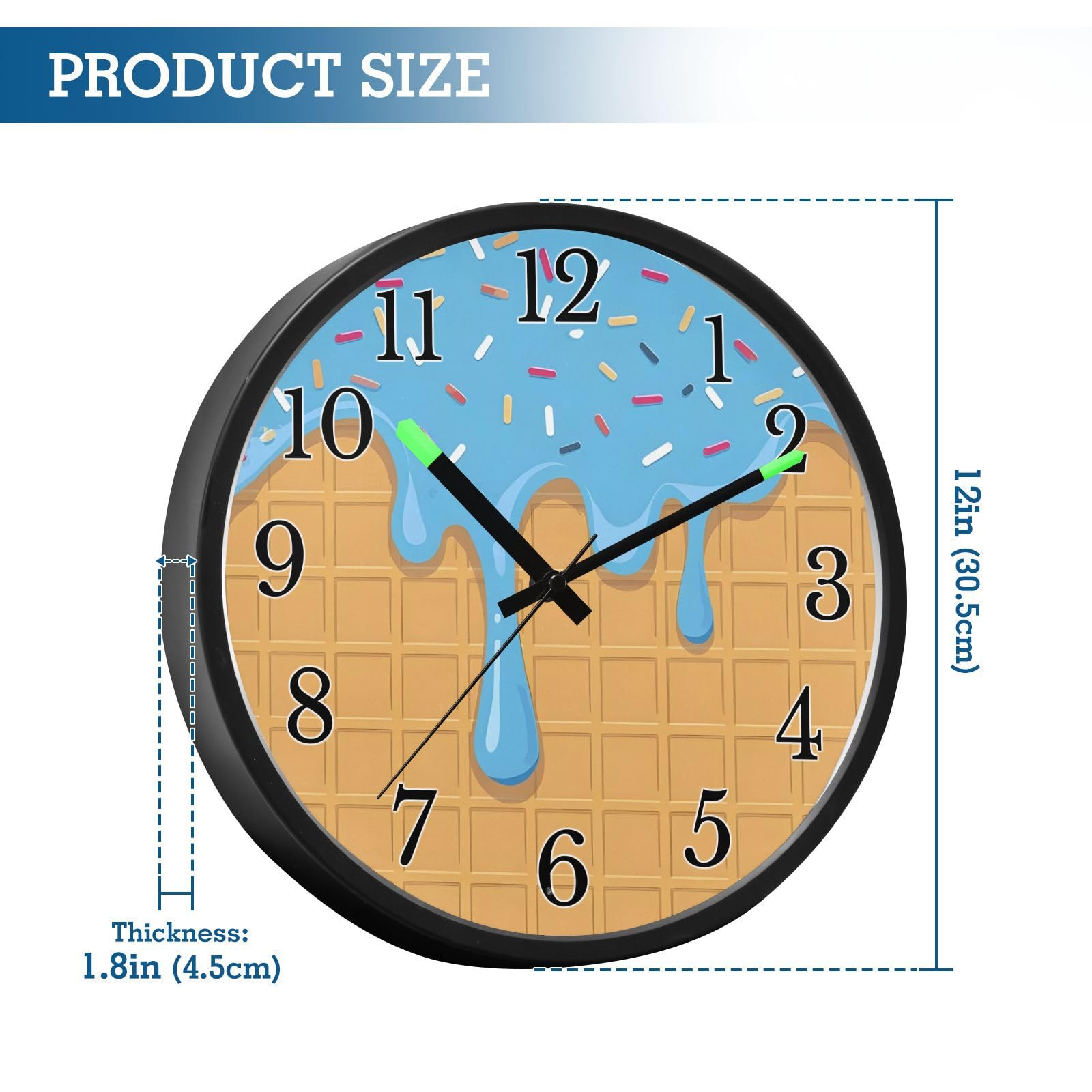 Mnsruu Reloj de pared luminoso, reloj de pared azul con goteo de helado, reloj de pared que brilla en la oscuridad, funciona con pilas, reloj silencioso de 30,5 cm con luz nocturna para dormitorio