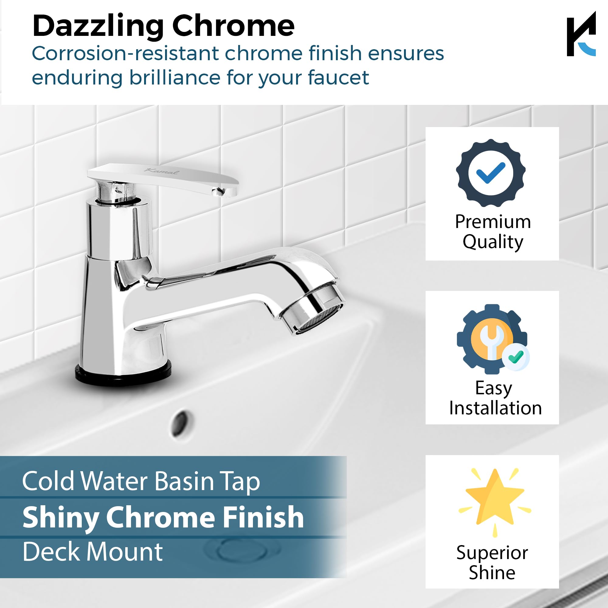 Kamal Irene Brass Bathroom Tap - Chrome Finish -3