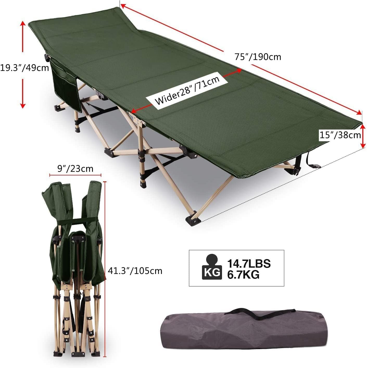 REDCAMP Feldbett Klappbar XXL, Extra Breit 71cm Campingbett 226kg Tragkraft, Stabil Faltbar Gästebett für Zelten Wandern Reisen Strand Garten,Grau/Grün/Schwarz