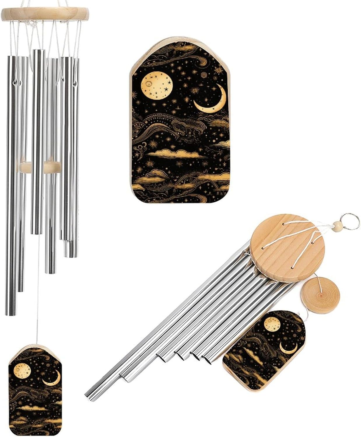 Moon and Sun Pattern Wooden Wind Chimes Deep Tone Memorial Windchime for Outside Garden Home Decoration