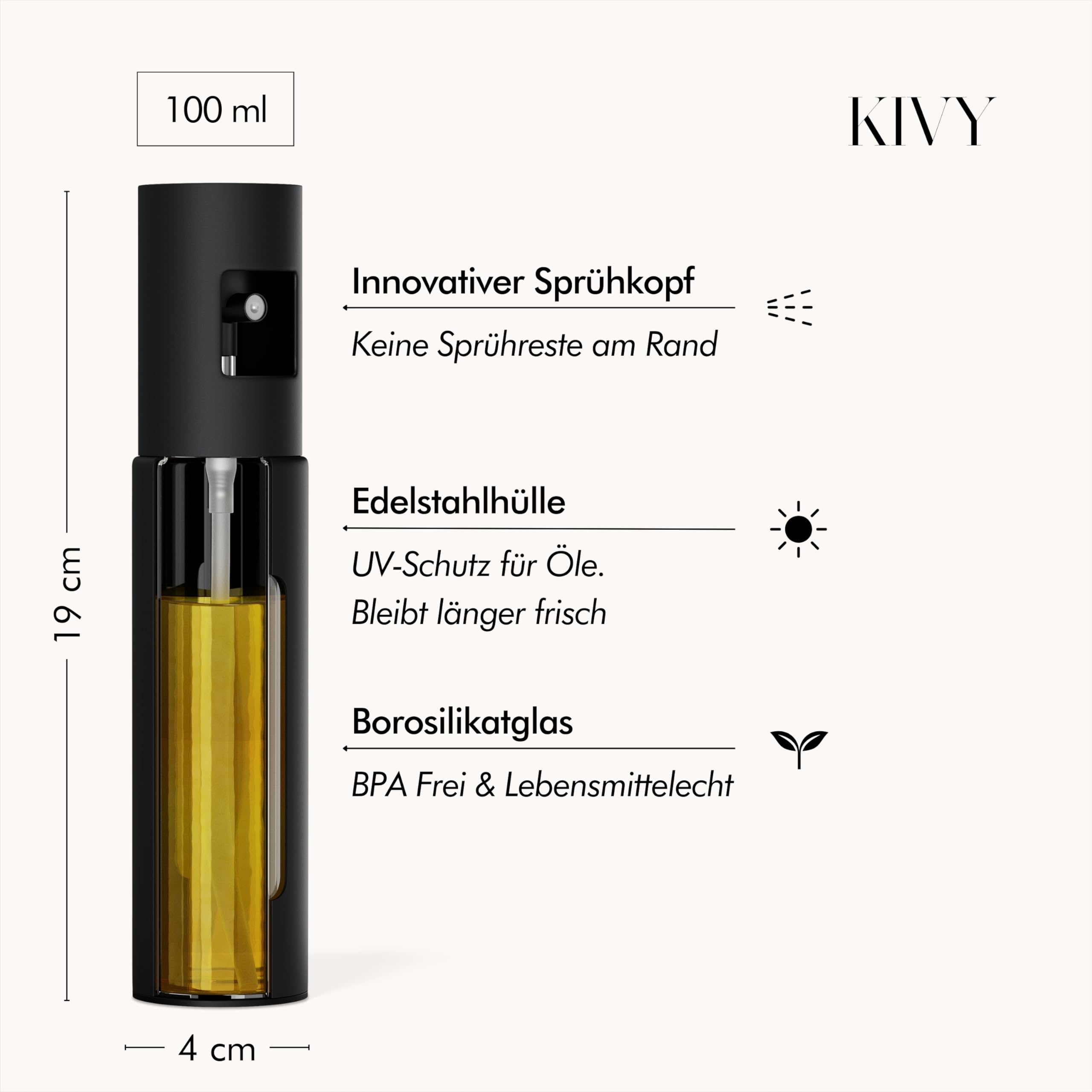 KIVY Ölsprüher [100ML] - Öl Sprühflasche mit Präzisem Sprühkopf - Ölspray Oil Sprayer Oelsprüher - Ölsprühflasche Ölzerstäuber - Sprühöl Kochen Ölsprayer - Olivenöl Spray Öl-Sprühflasche - Schwarz