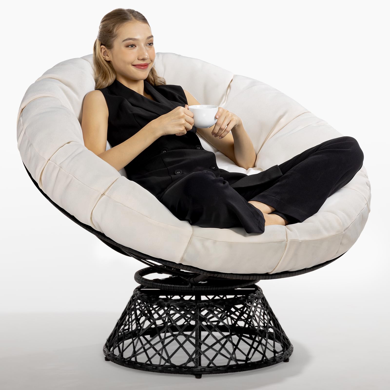 Bme 40" Ergonomic Wicker Papasan Chair with Soft Thick Cushion & Frame, 360° Swivel, Circle, Reading, Comfy Chair for Living Room, Bedroom