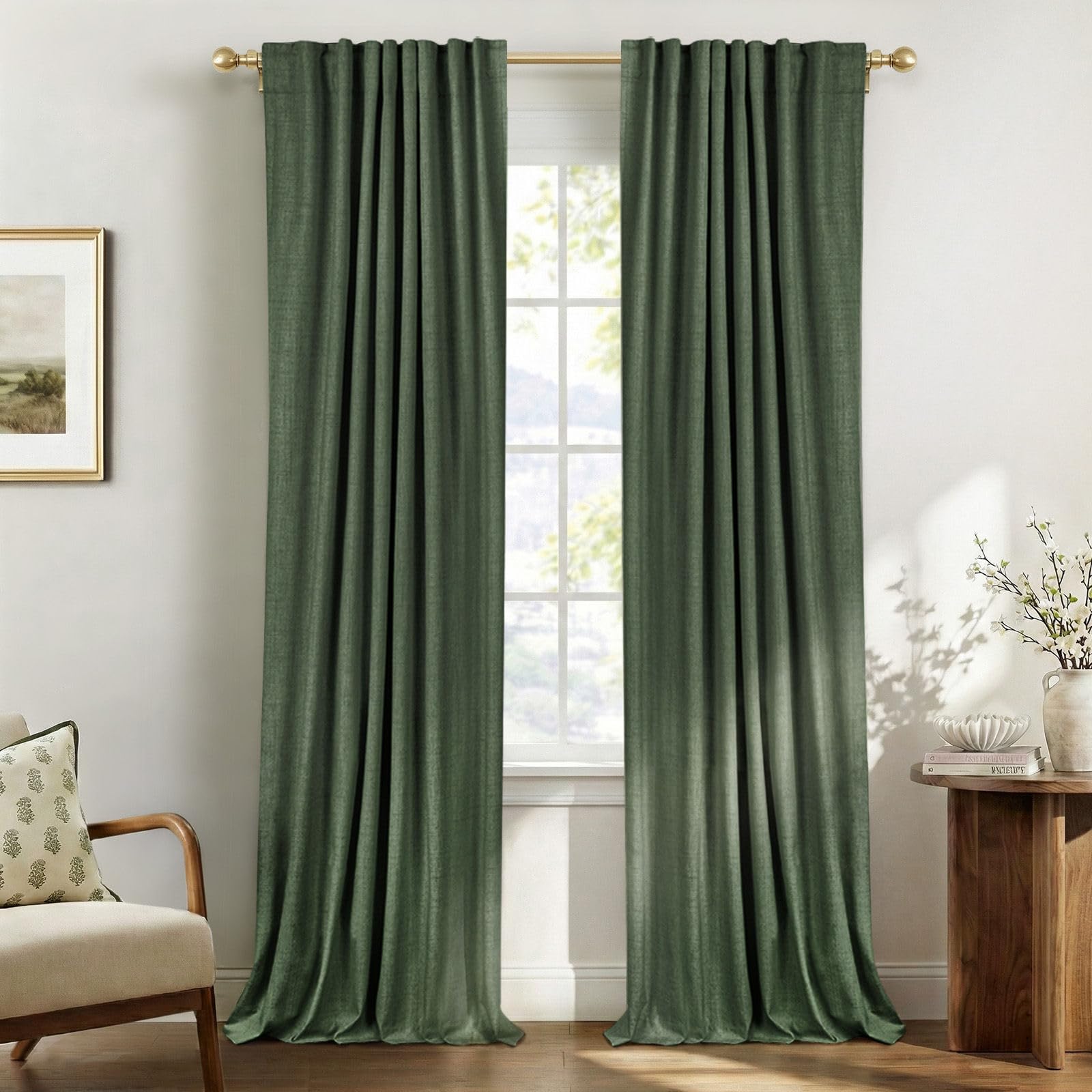 Linen Total Blackout Curtains for Bedroom Living Room 72 Inch, Loden