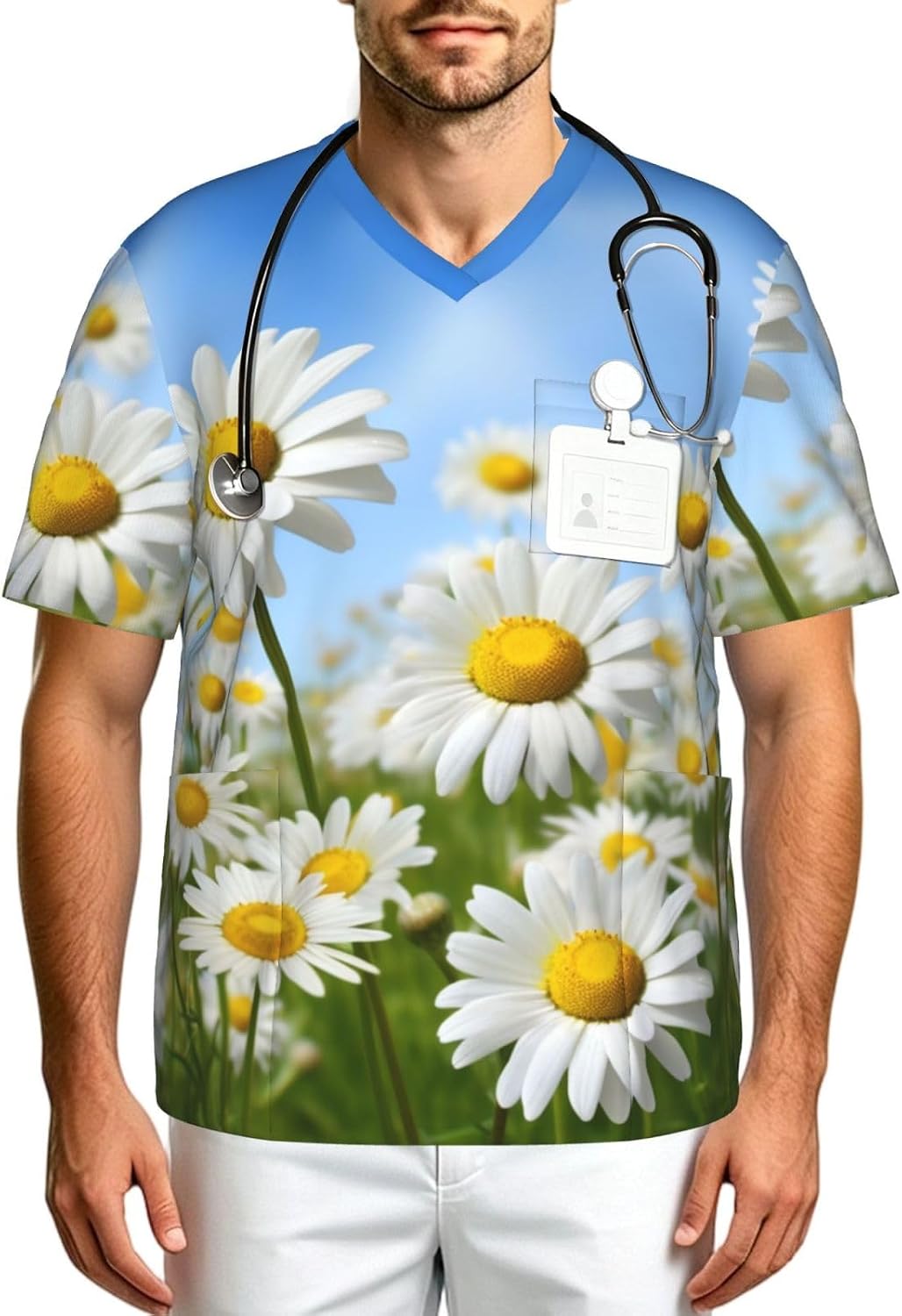 Professional Scrub Tops for Men, Classic V-Neck Workwear with 3 Pockets