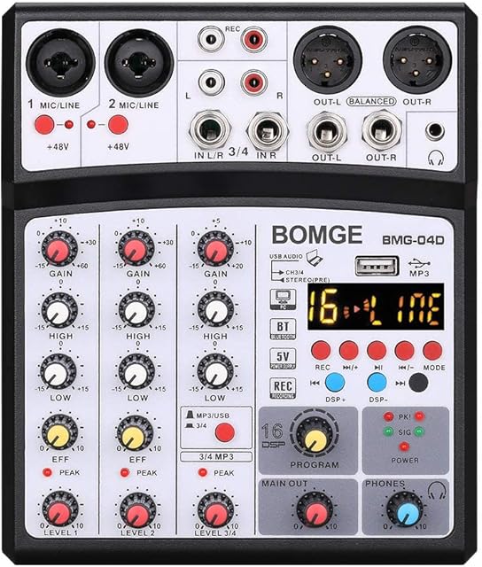 BOMGE 4 channel 16 DSP Echo dj audio sound mixer interface mixing console karaoke with MP3 USB Bluetooth, stereo record, 48V phantom power (04D-Balck)