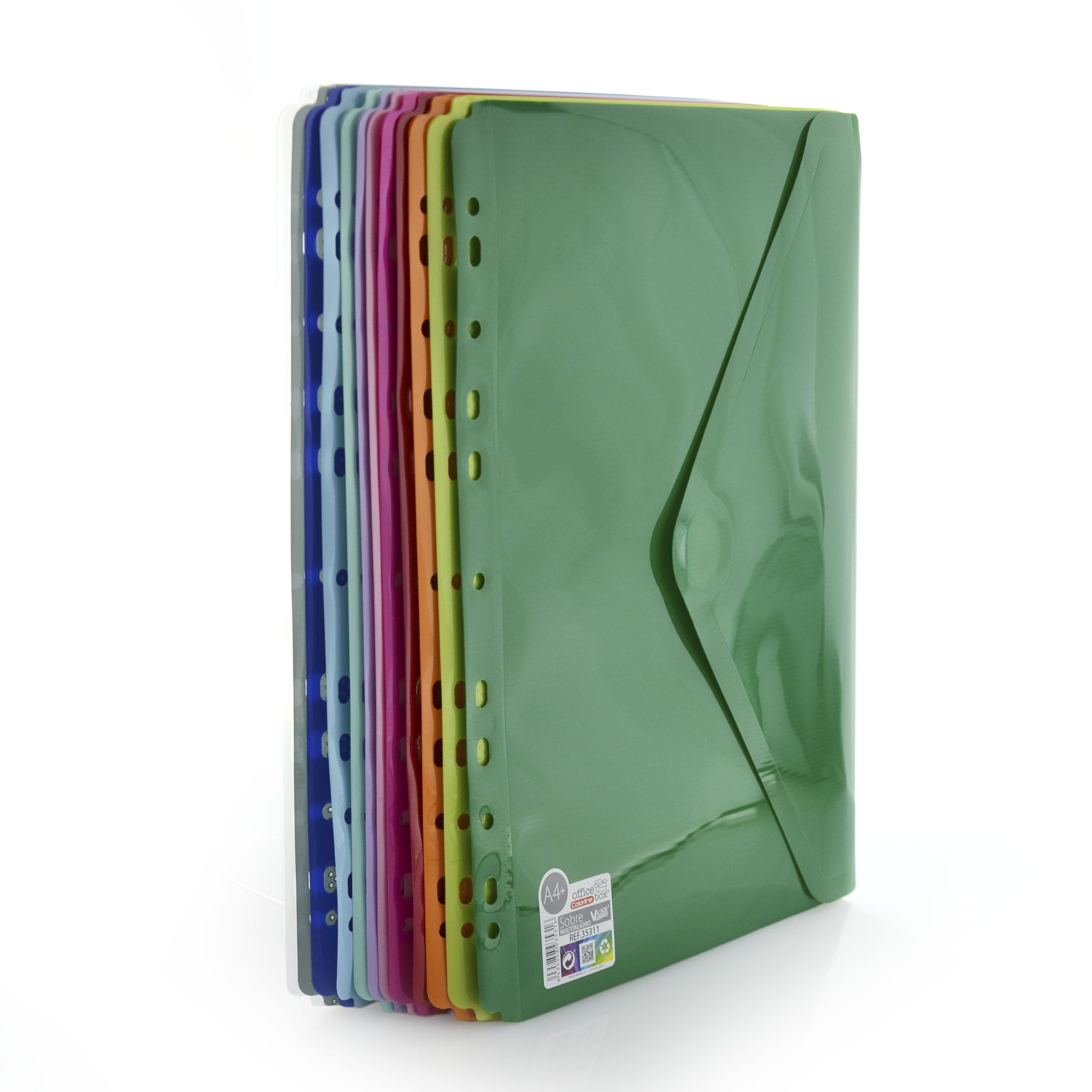 Pack de 12 Sobres con Cierre V-LOCK en Polipropileno, 100% ECO - Tamaño A4+ Para archivar en Carpetas de anillas con 12 Colores sólidos Colorline en acabado Soft Touch by Office Box.