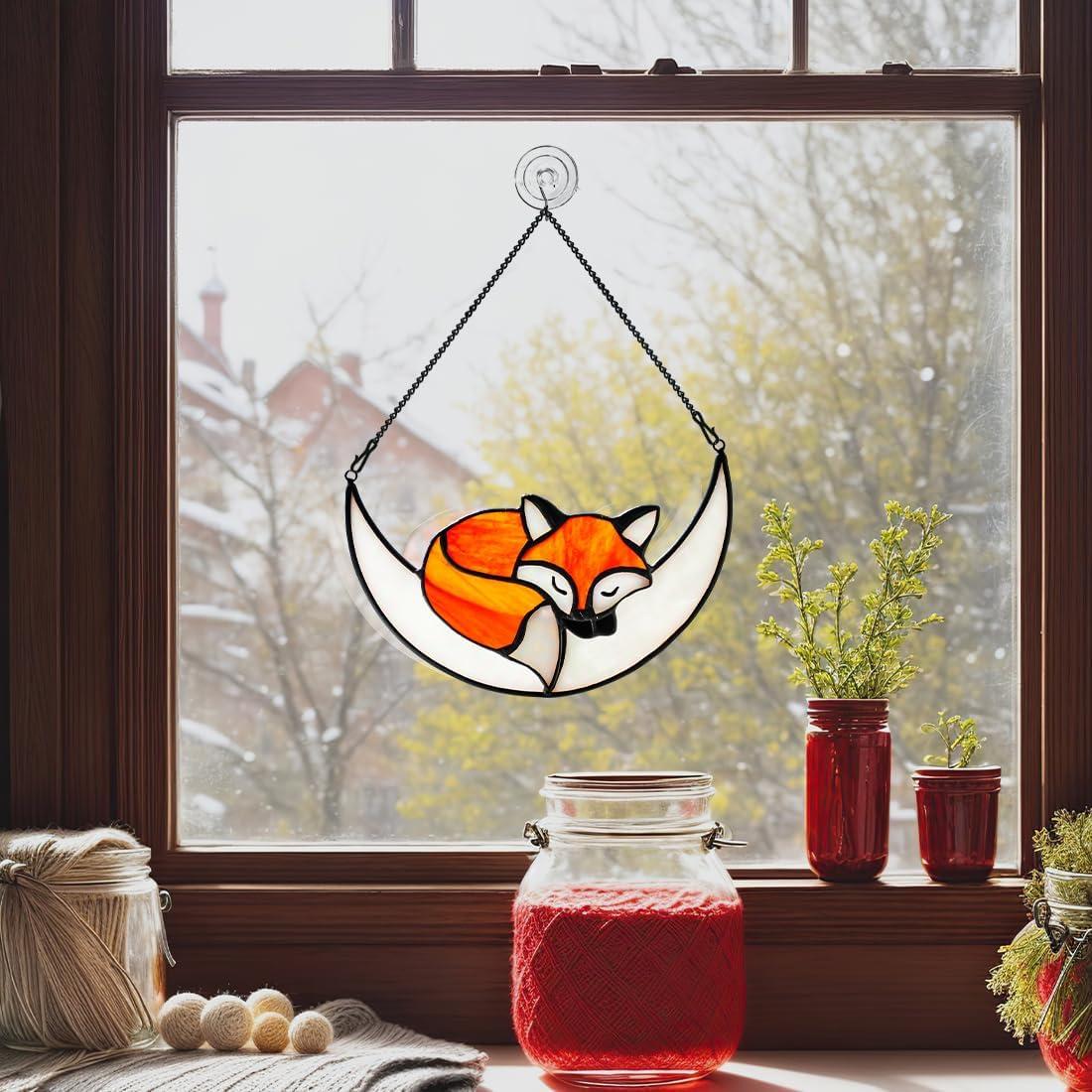 Fox Decor Stained Glass Window Hanging,Stained Glass Fox Ornament for Home Decor,Fox Decorations Suncatcher Indoor Window Fox Gifts for Girls Mom Friend