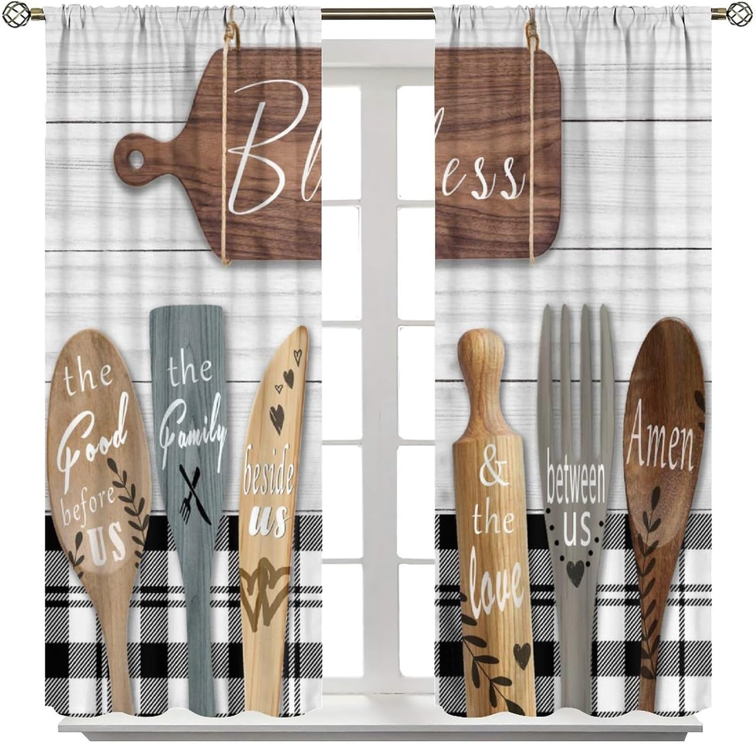 Rustic Kitchen Curtains Farmhouse Vintage Country Wooden Plank Black White Window Treatments for Bedroom Living Room Kitchen Drapes 2 Panels 42x54 Inch
