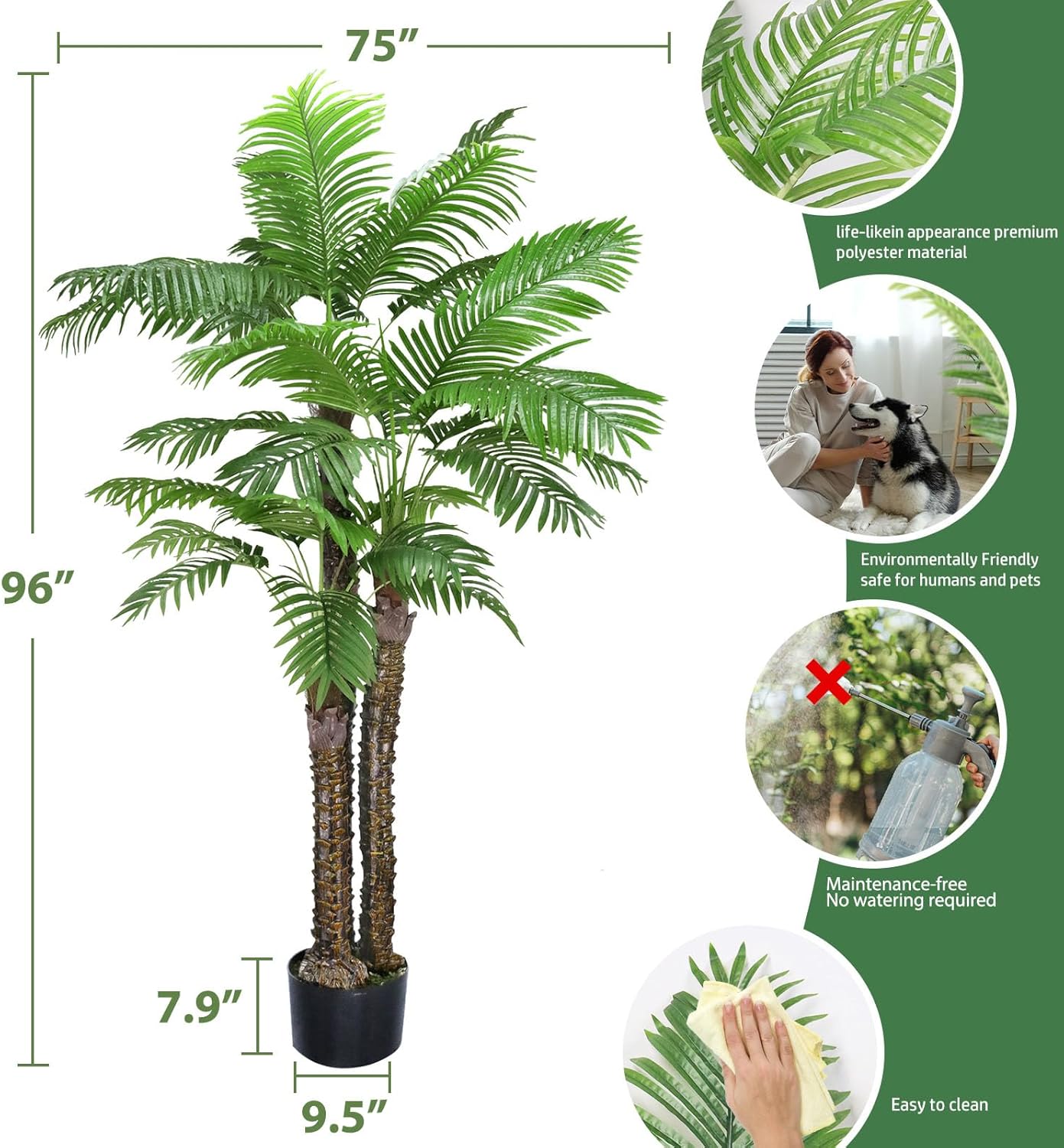 8ft Artificial Phoenix Palm Tree 3 Trunks UV Resistant Fake Palm Plants Outdoor Indoor Large Faux Coconut Silk Palm Plants Tropical Fake Tree for Outside Porch Patio Garden Home Office Decor (96inch)