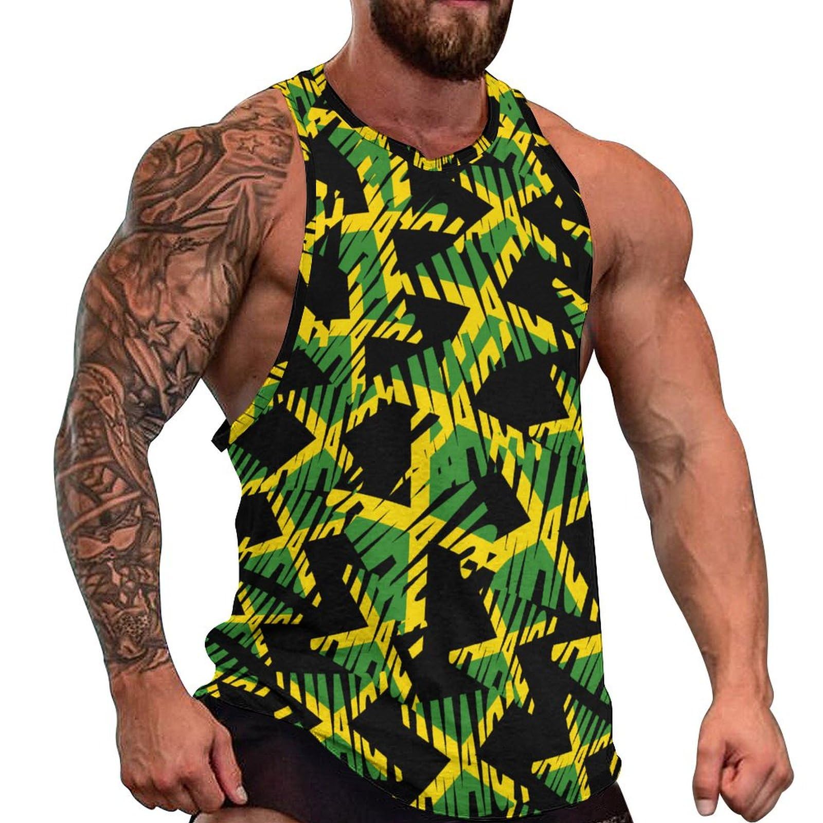 Peiyeety Men's As Pic Jamaica Text Flag Tank Tops Summer Vest Sleeveless Graphic T-Shirt Beach Gym Shirts