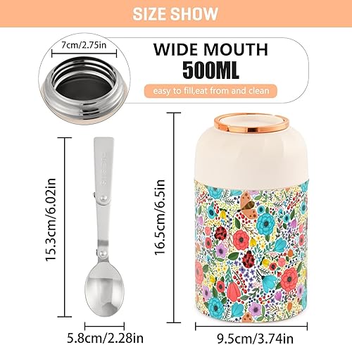 Miniatura 3 de Summer Flowers Food Jar with Spoon Stainless Steel Vacuum Insulated Food Container 17 oz Soup Thermos for Lunch
