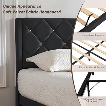 Queen Size Platform Bed Frame with Velvet Headboard, Sturdy Wooden Slats Support, Mattress Foundation, No Box Spring Required, Non-Slip and Noise-Free, Easy Assembly, Black