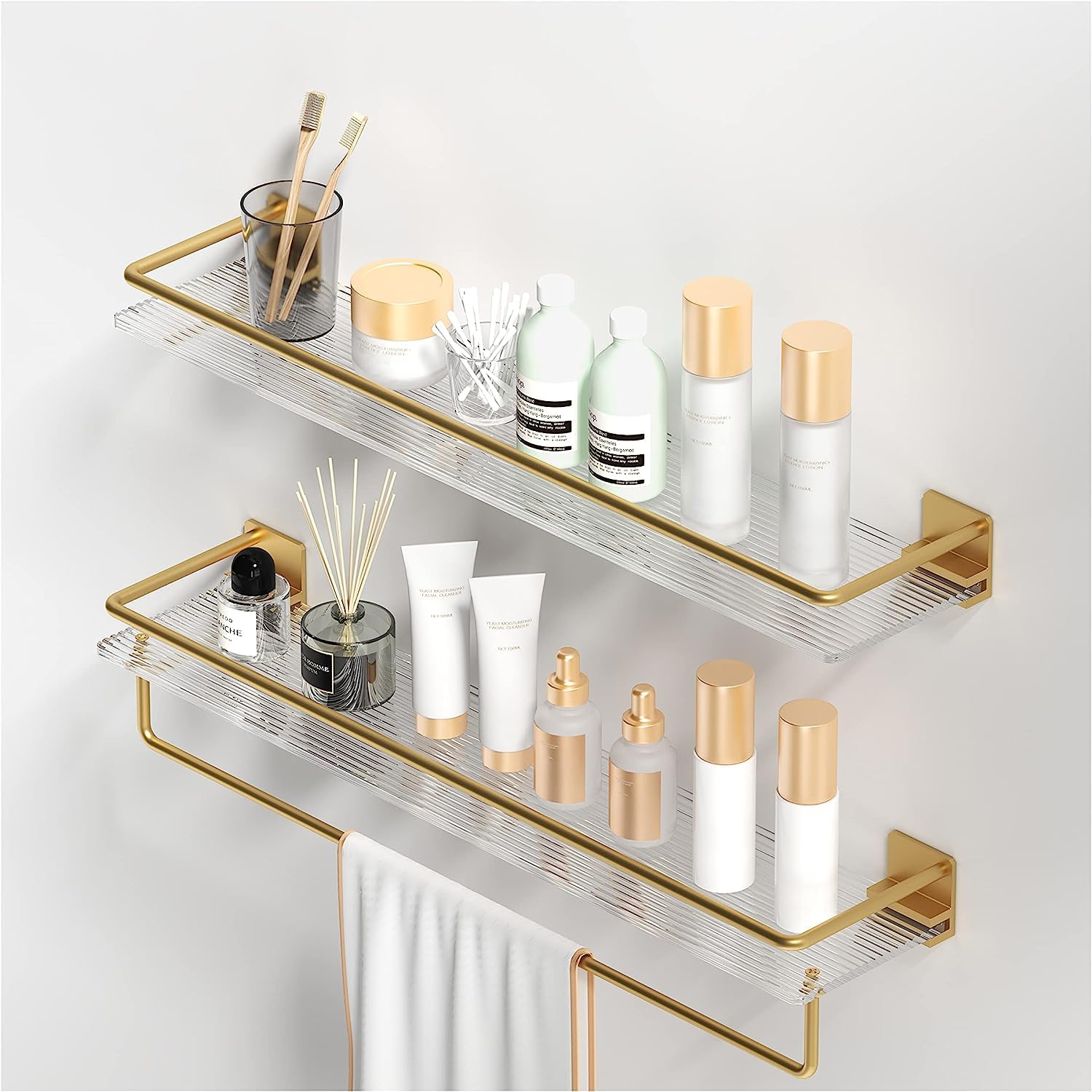 Acrylic Floating Shelves Wall Mounted Hanging Shelves Wall Shelf with Golden Towel Rack Decorative Storage Shelves for Toilet Bathroom Kitchen Bedroom Brass Wall Mounted Modern Luxury, Set of 2