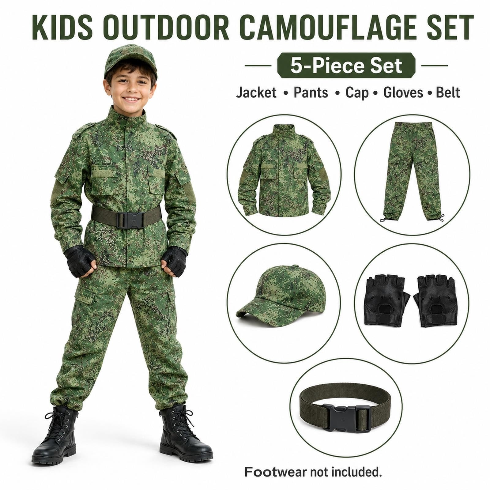 Completo Divisa Mimetica Ragazzo 5 Pezzi Camicia Pantaloni Berretto