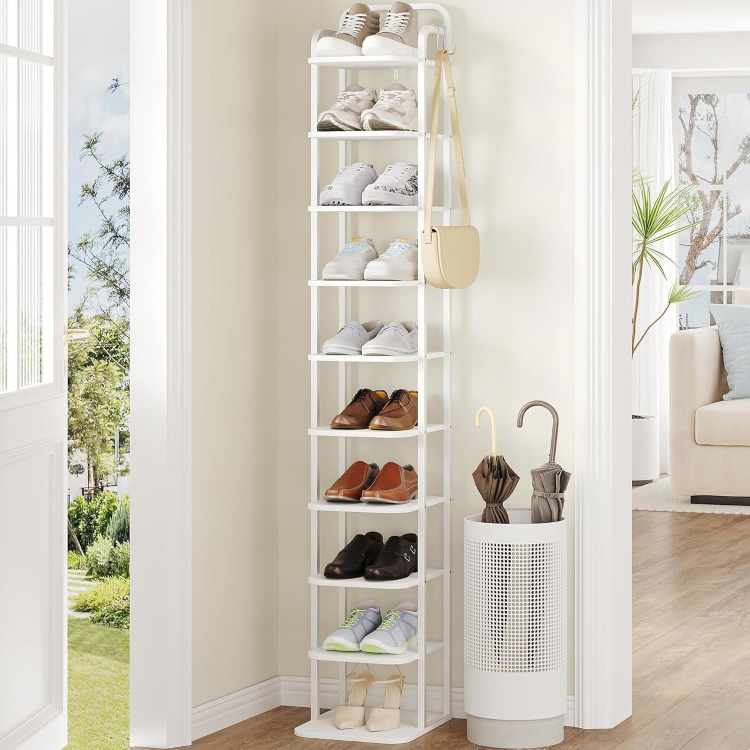 Hzuaneri Vertical Shoe Rack, Shoe Shelves, Wood Shoe Organizer for Closet, Entryway, Shoe Tower for Small Spaces, Free Standing, Adjustable, with 2 Hooks,10 Tiers White SR11213W