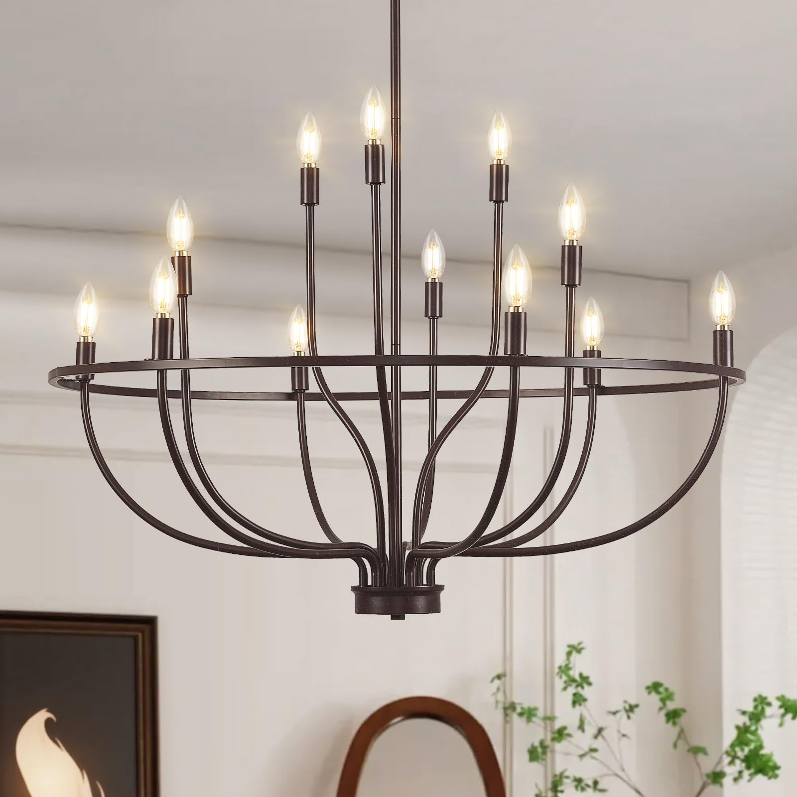 Photo 1 of 12-Light Farmhouse Oil Rubbed Bronze Chandelier Large High Ceiling Foyer Metal Candle Chandeliers for Dining Room Hanging Lighting for Kitchen Living Room Entryway, 36in
