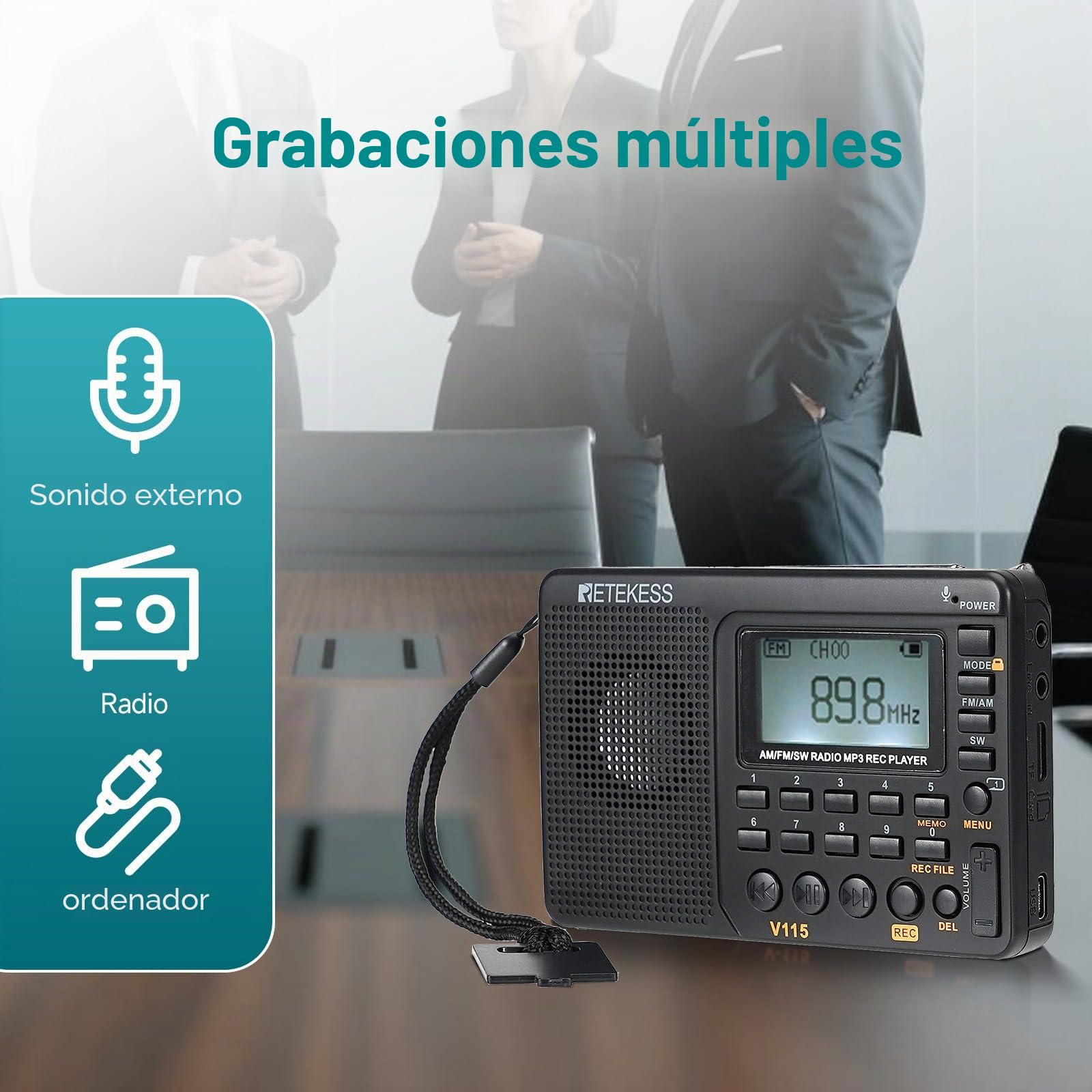 Retekess V115 Radio Portátil Pequeña, Radio a Pilas, Am FM SW, TF/USB, 3 Modos de Grabación, Tiempo de Sueño, Pantalla LCD, Radios Pequeñas Digitales con MP3 Familia, Exterior, Emergencia, Regalo