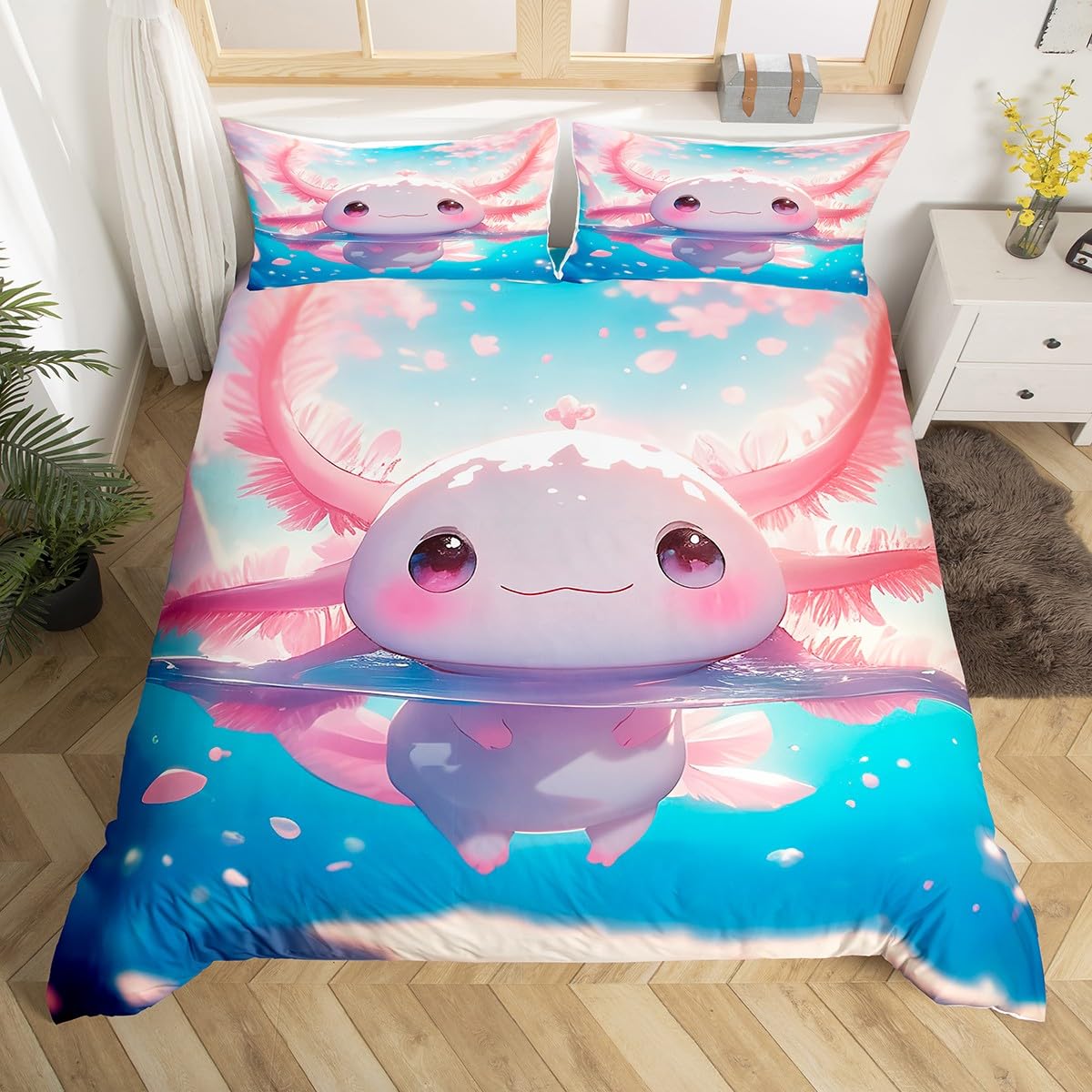 Lovely Axolotl Duvet Cover,Pink Cherry Blossom Flower Petals Romantic Quilt Cover(No Filler),Cartoon Ocean Animal Salamander Bedding Set with 2 Pillowcases,Adults Room Decor,Super King Size