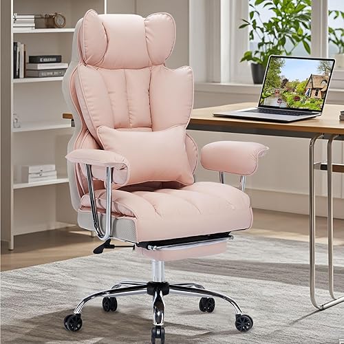 Efomao Big and Tall Office Chair 400LBS, Heavy Duty Executive Office Chair with Foot Rest, Home Office Desk Chairs, Pink Big Tall Computer Chair - 3008-pink