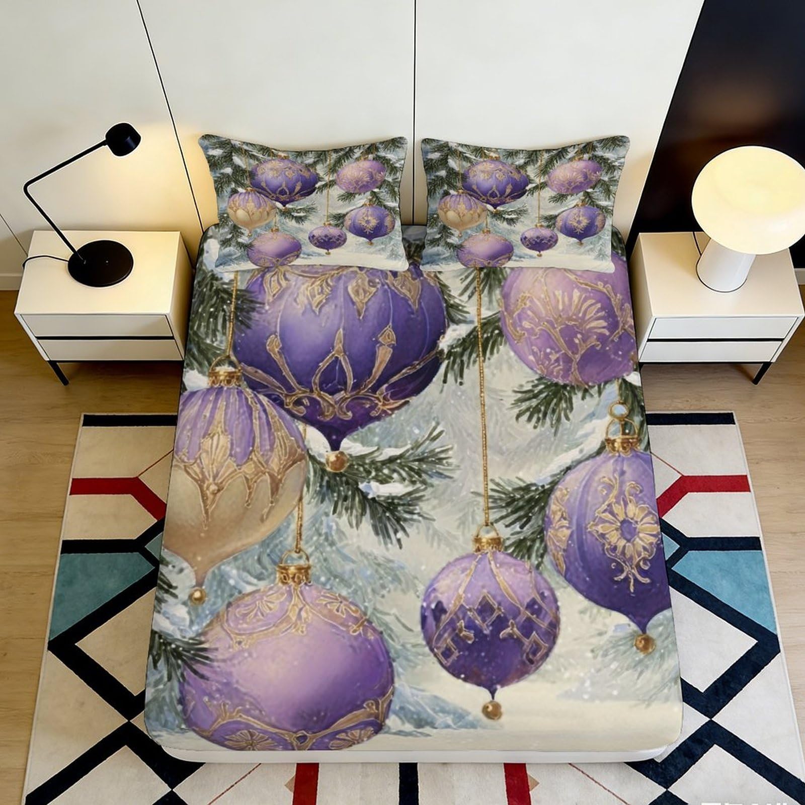 3D Printed Purple Christmas Ornaments Fitted Sheet Microfiber Soft Decorative Bauble Mattress Cover for Bedroom Guestroom 90x200x25cm