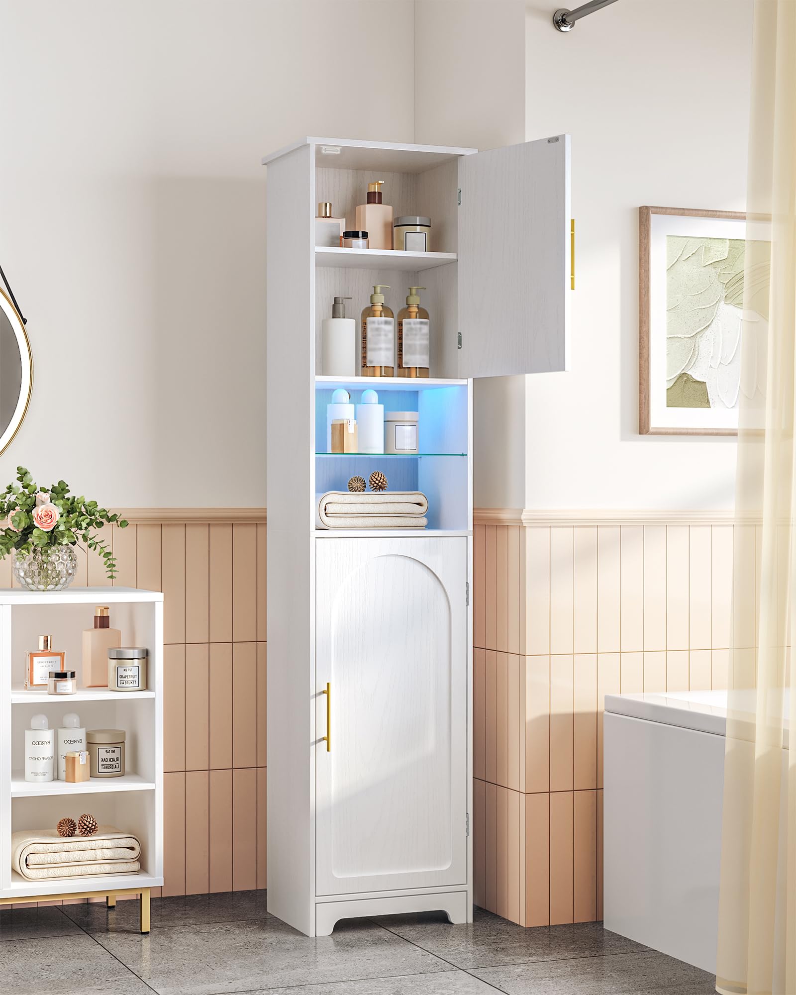 Hzuaneri Badezimmerschrank, Badschrank, Hoher Schrank Mit Farbwechselnden LED-Leuchten Und 2 Türen, Verstellbare Einlegeböden, Wohnzimmer, Badezimmer, 30 X 40 X 170 cm, Weiß SC28213X