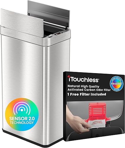 iTouchless Cubo de basura de cocina con sensor 2.0 de 18 galones con sensor abierto con filtro de olor AbsorbX y bloqueo de tapa a prueba de perros,