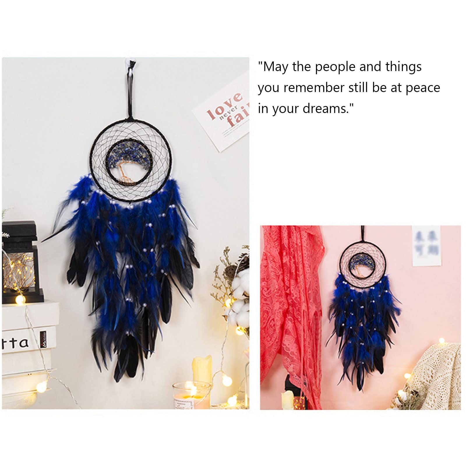 DEDEMCO Blue Tree Of Life Dream Catcher - 23.5 Inch Handmade With LED Lights, Crystals & Feathers For Wall Decor - View #4