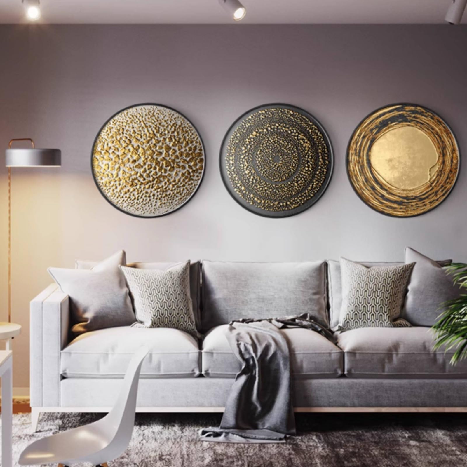 DAJIAYIQI Decoración de pared redonda, cuadros modernos en negro y dorado para el hogar, arte mural en lienzo 3D con marco, gran cuadro de lujo para la entrada o el recibidor(C)