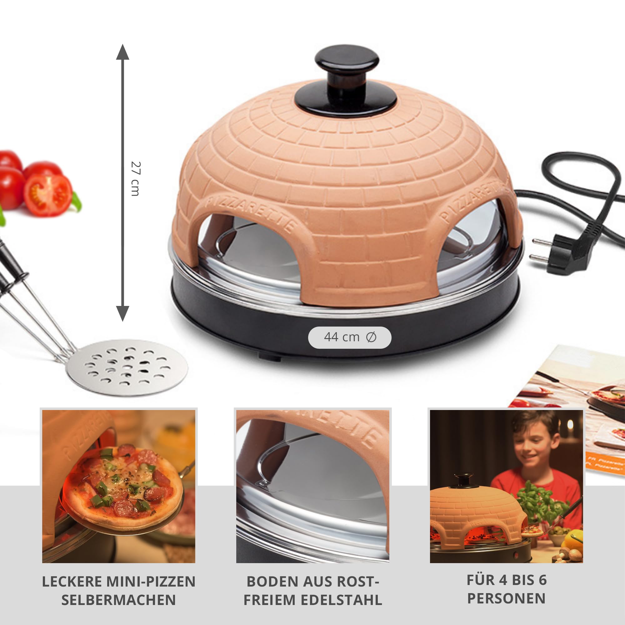 Monsterzeug Elektryczny mini piec do pizzy, piec do raclette, przenośny piec kamienny do domu, z patelniami do pizzy z uchwytami izolowanymi termicznie