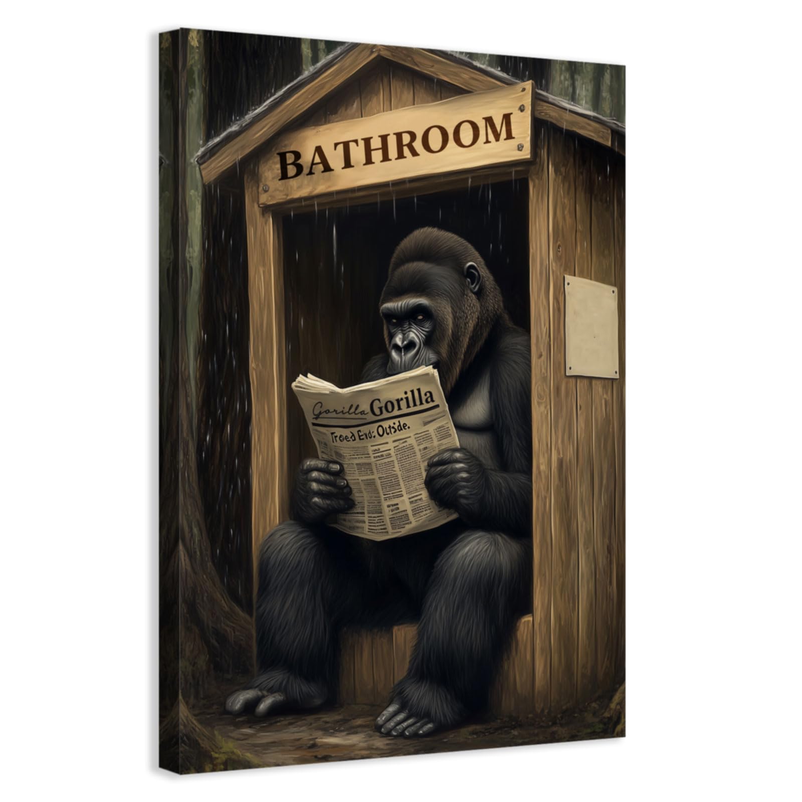 CCWACPP Gorilla Bathroom Wall Art Reading Newspaper on Toilet Funny Monkey Canvas Prints Orangutan Picture Animal Posters for Bathroom Framed (60.00 x 90.00 cms)
