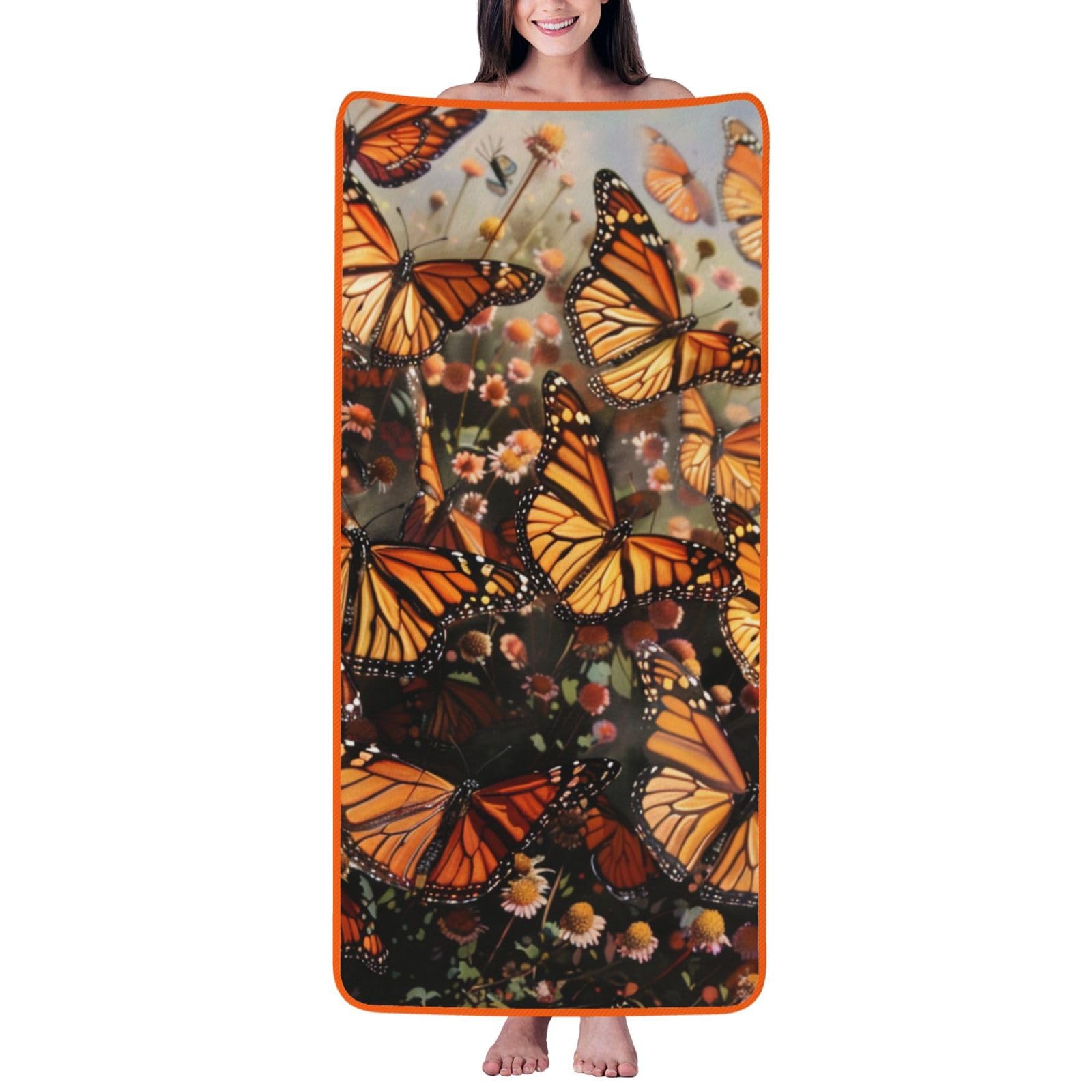 WPKJU Monarch Butterflies Printed Bath Towel with Orange Edging - 27x55 in Soft Extra Absorbent Coral Velvet Shower Towels for Bathroom
