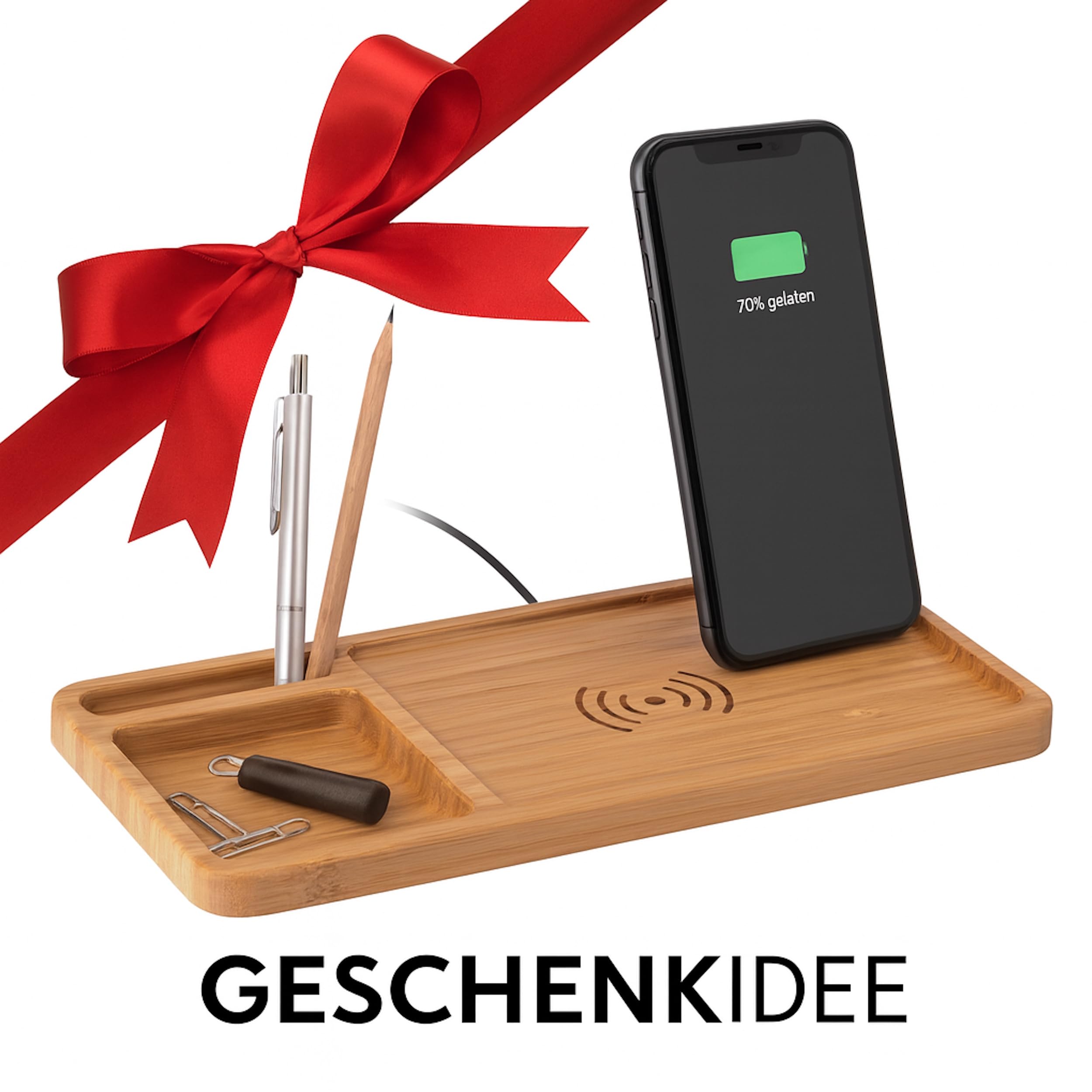 Organiseur de bureau durable avec station de charge inductive en bambou et ABS - Avec câble de charge USB de 80 cm - Chargement sans fil pour smartphones Android et iOS - Chargeur sans fil 5 W